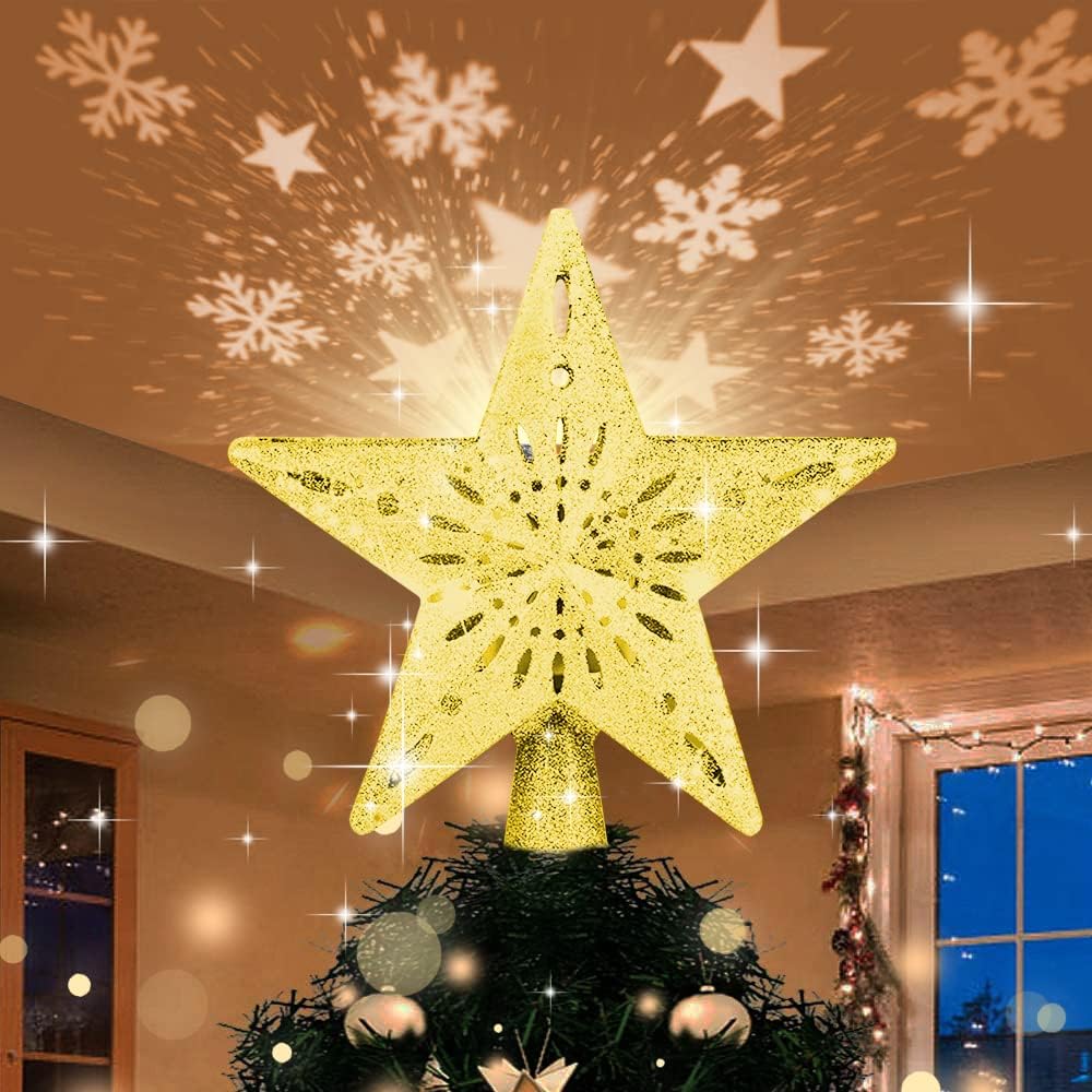 Christmas Tree Topper Star Lighted with Bulit-in LED Projector, Star and Snowflake Rotating Lights Effect, 3D Hollow Golden Glitter Xmas Tree Topper Plug-in Powered, Star for Christmas Tree Decor