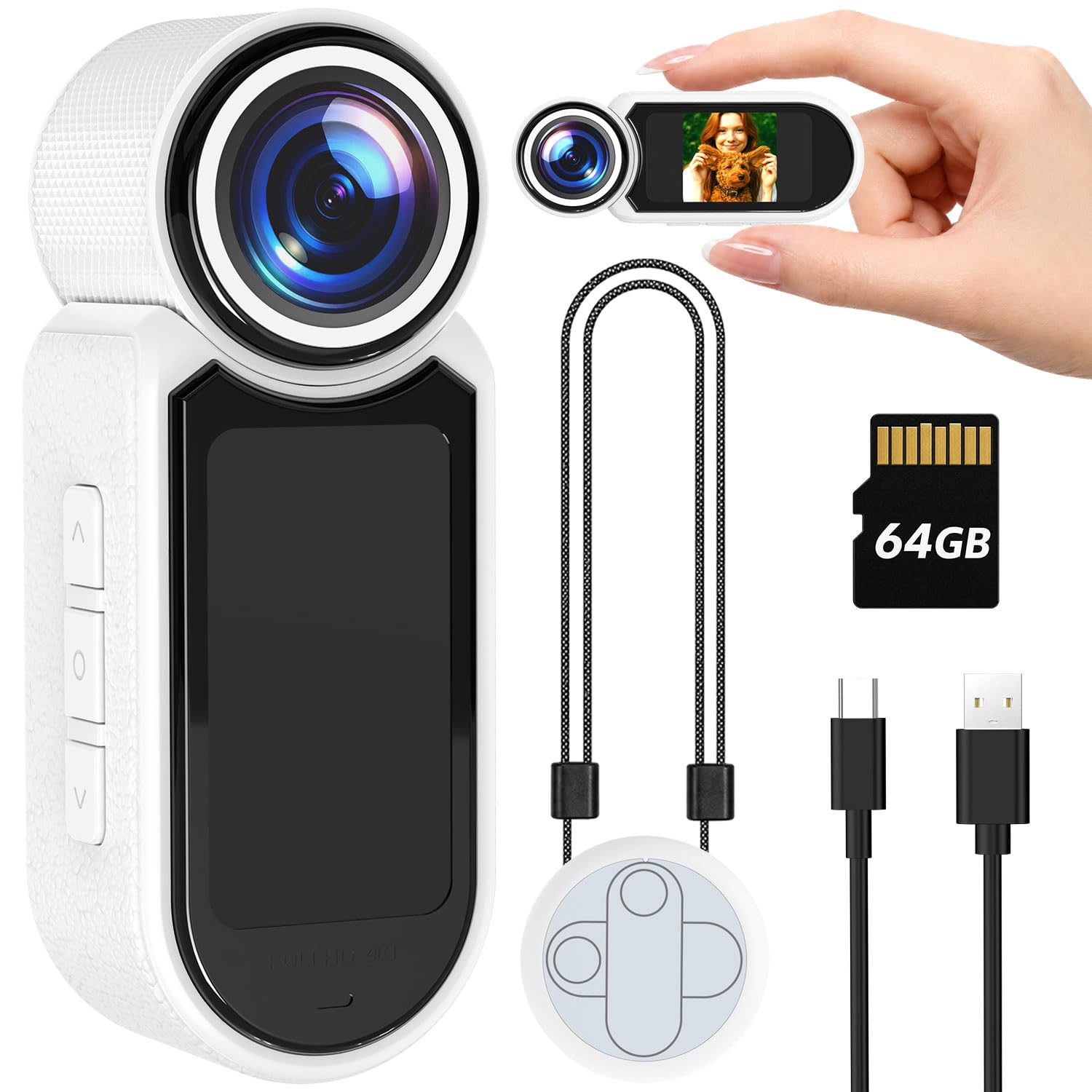 2.7K 1080P Thumb Action Camera, 64GB WiFi Mini Body Hands-Free POV Camera