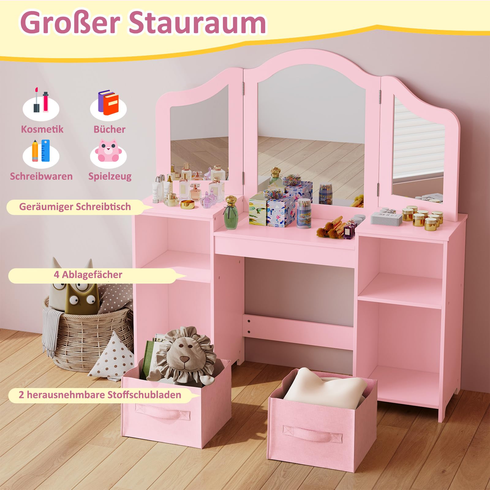 Clevich Schminktisch Kinder Set, 2 in 1 Prinzessin Frisiertisch mit Abnehmbarem Spiegel, Schreibtisch aus Holz mit Hocker & Aufbewahrungsbox, Schminktisch Mädchen, Schminktische für Kinder, Rosa