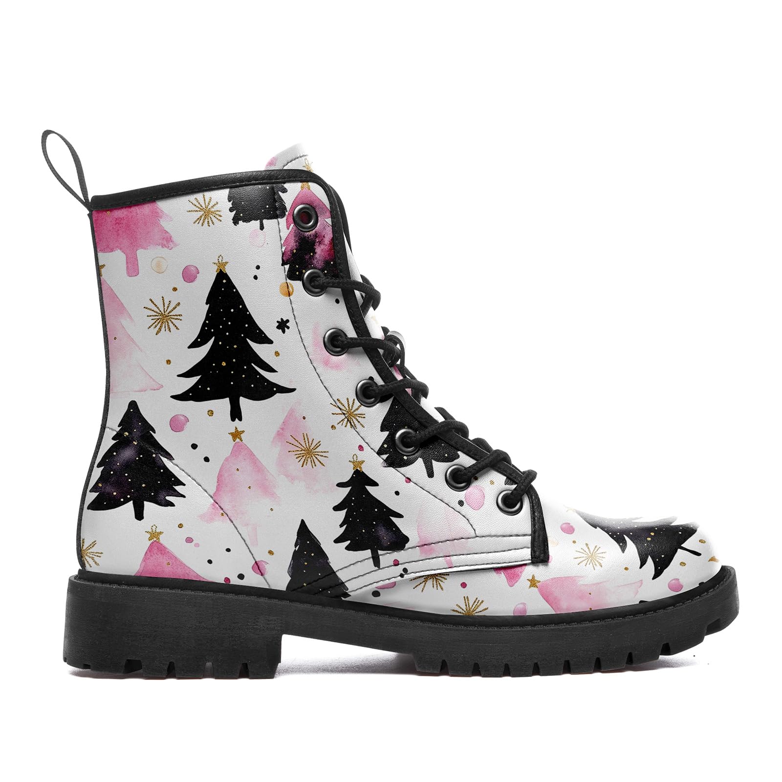 Womens Christmas Combat Boots Non-Slip Waterproof Santa Clause Christmas Trees Ankle Booties Festive Winter Boots For Men