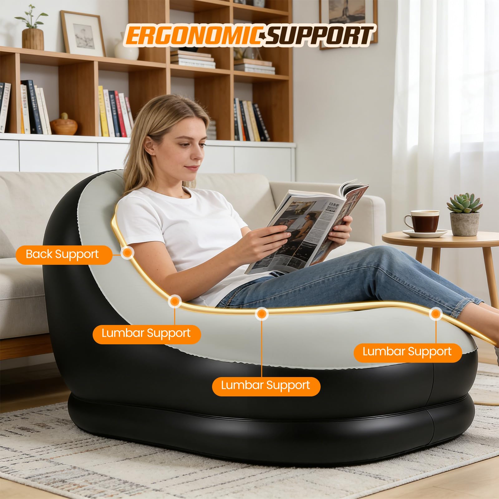 Juego de sofá hinchable con reposapiés – Sofá hinchable con flocado para camping, jardín y sala de estar, resistente al agua, gris-negro, 120 x 95 x 85 cm