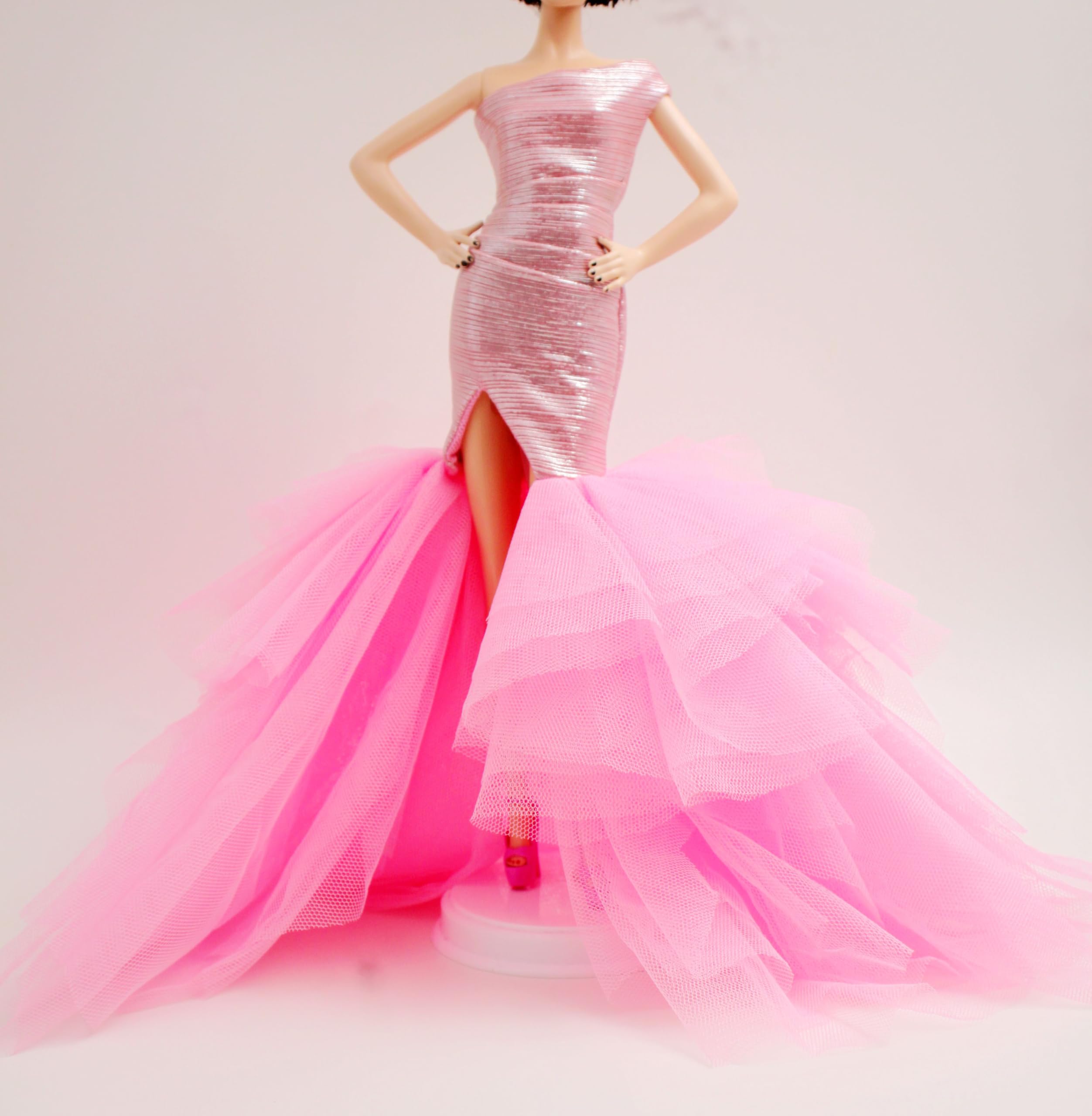 Handmade Cora Gu Classic Shimmery Pink One Shoulder Mermaid Gowns Fit for 12" Fashion Doll and Doll's not Included