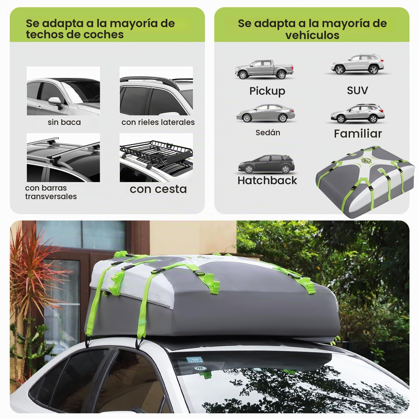 Sailnovo Cofre de Techo 580 L/20 cúbicos, Impermeable Bolsa de Techo, con 6 Ganchos con Alfombrilla Antideslizante Cerrar para Puerta, Apto para Coches sin Portaequipajes(Gris-Verde)