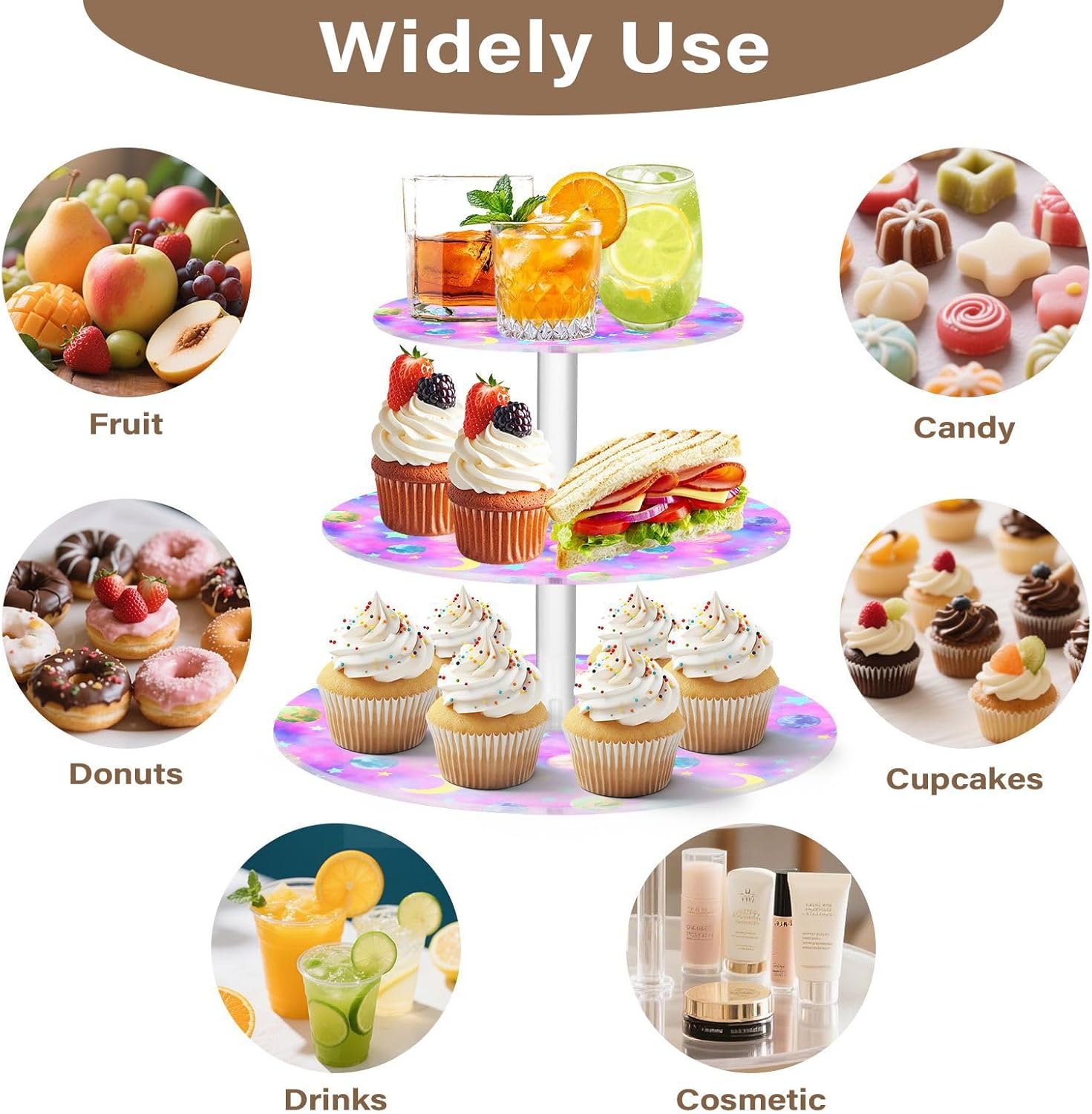 Planet Star Moon 3 Tier Acrylic Cupcake Stand, Cupcake Stand for 34 Cupcakes for Weddings, Christmas,Holidays,Parties,Birthday,Printed Cupcake Tower 23300456