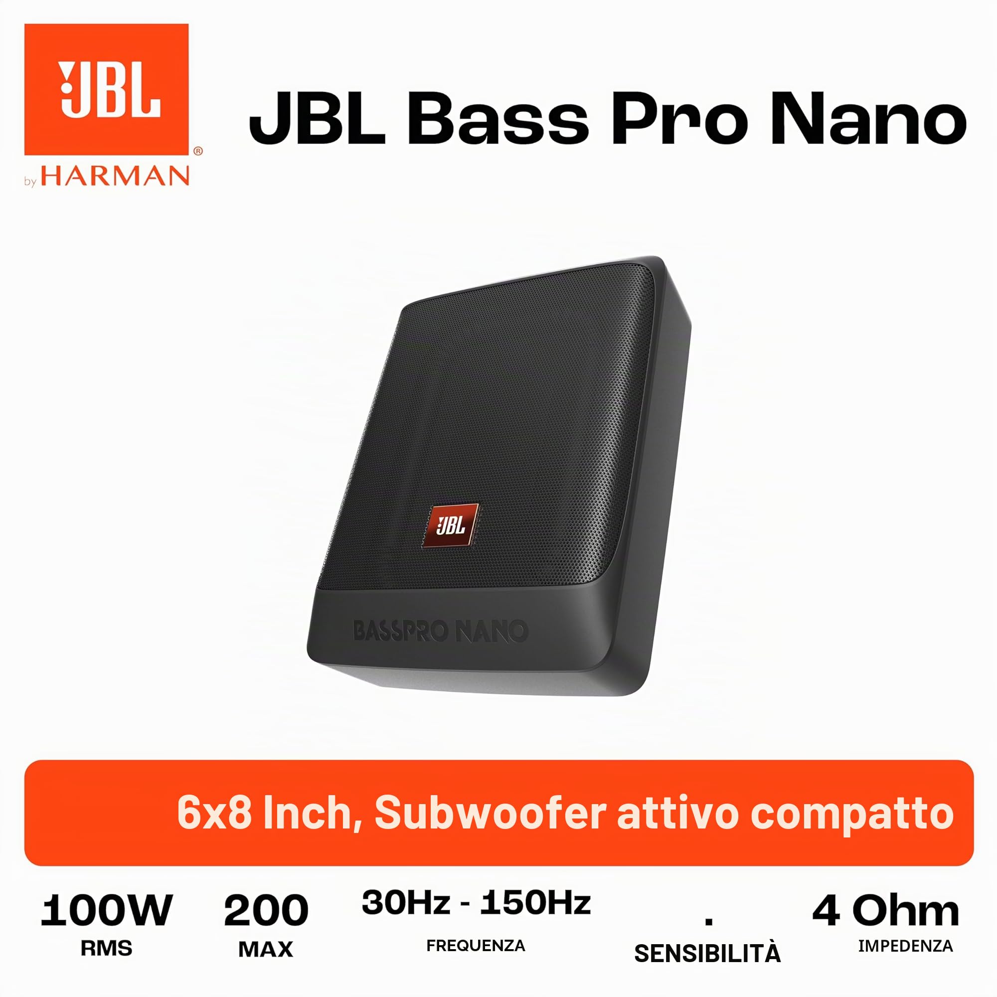 JBL BassPro NANO Subwoofer Attivo Auto Sotto il Sedile Ultracompatto 6" x 8" - Cassa JBL Subwoofer Auto Amplificato Sottosedile da 200 Watt
