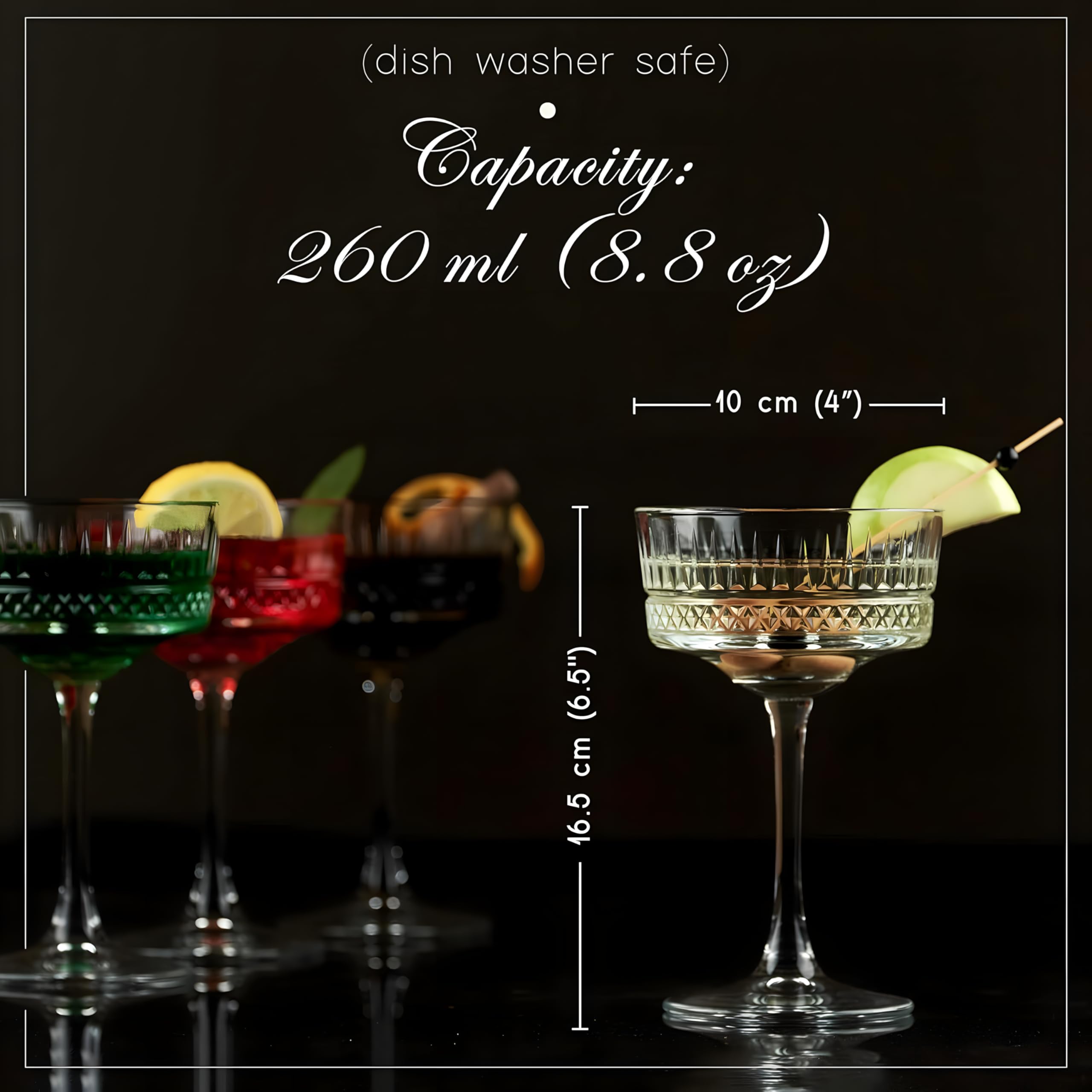 Inovique Enterprises Prime Vintage Coupe Glasses Set of 6 - 260ml Cut Glass Cocktail Glasses for Martinis, Champagne & More | Crystal Look, Durable, Lead-Free 4