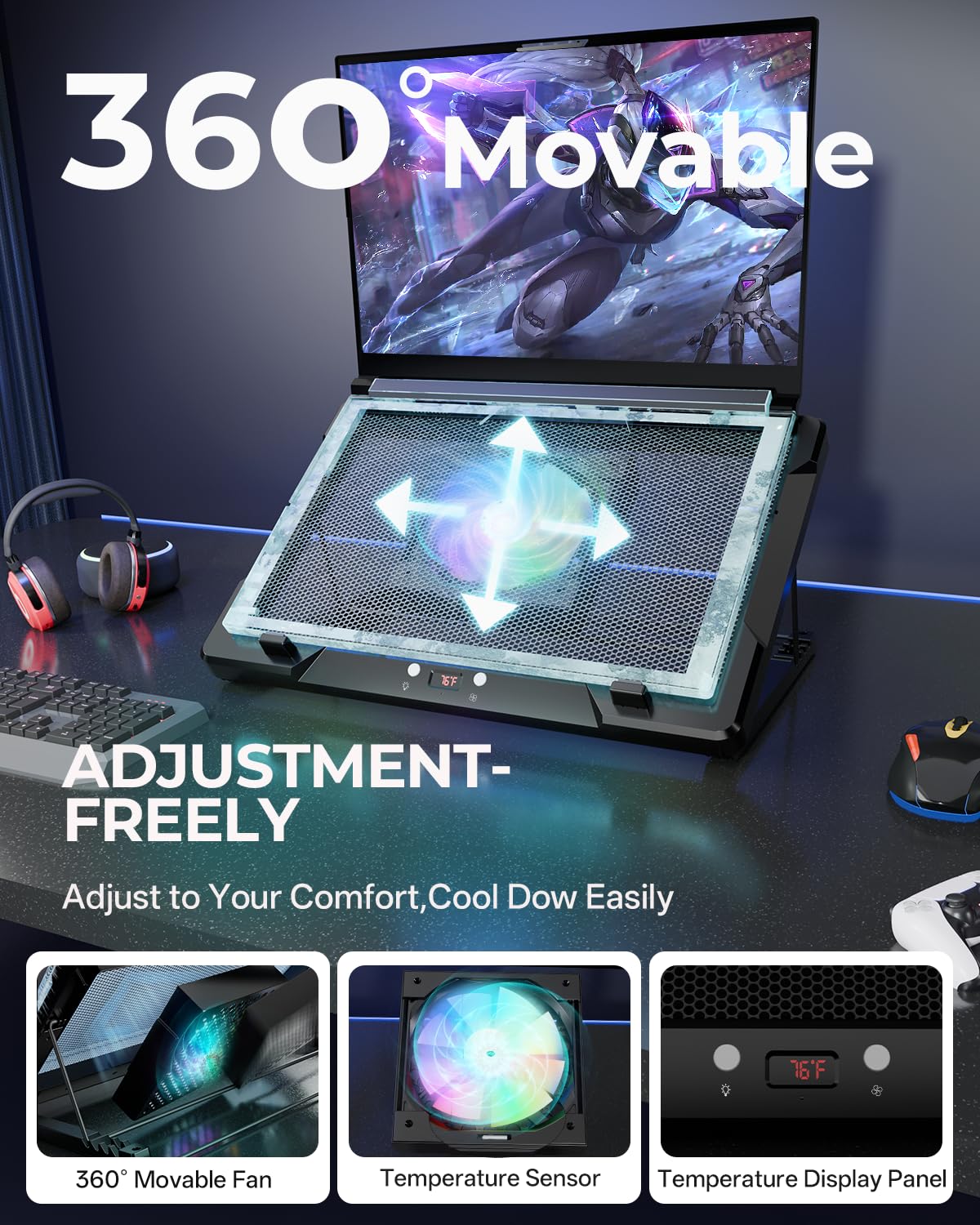 DEPGI Base di raffreddamento per computer portatile, con ventola mobile da 5,5 pollici, facile da pulire, sensore di temperatura automatico e controllo manuale a 3 velocità, ultra silenzioso ≤40 dB