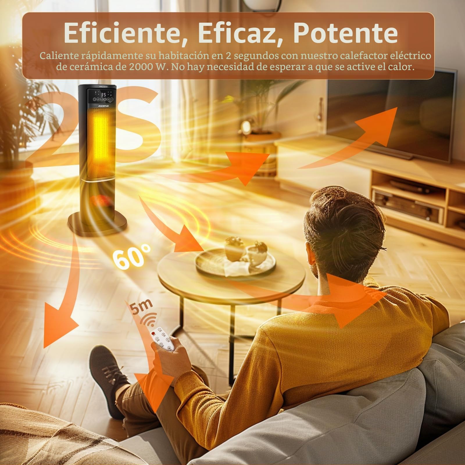 Aigostar Bert - Calefactor cerámico 2000W, Mando a distancia, Oscilación de 70°, 3 modos, ventilador. Calefactor de torre silencioso, Termostato, Temporizador 7,5 horas. Protección antivuelco
