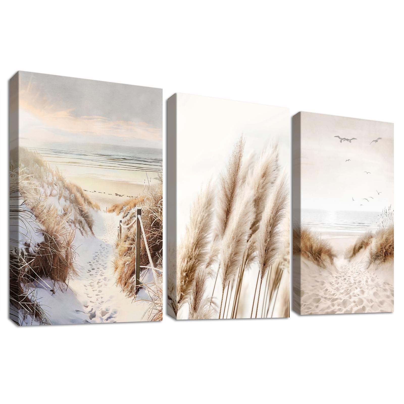 3 Pcs Wooden Framed Canvas Wall Art Set Nature Beach Baltic Seascape Painting on Canvas Prints Pampas Grass Reed Sunset Pictures for Living Room Bedroom Hallway Stairs Wall Decor 50x70 cm x3pcs โ image 1