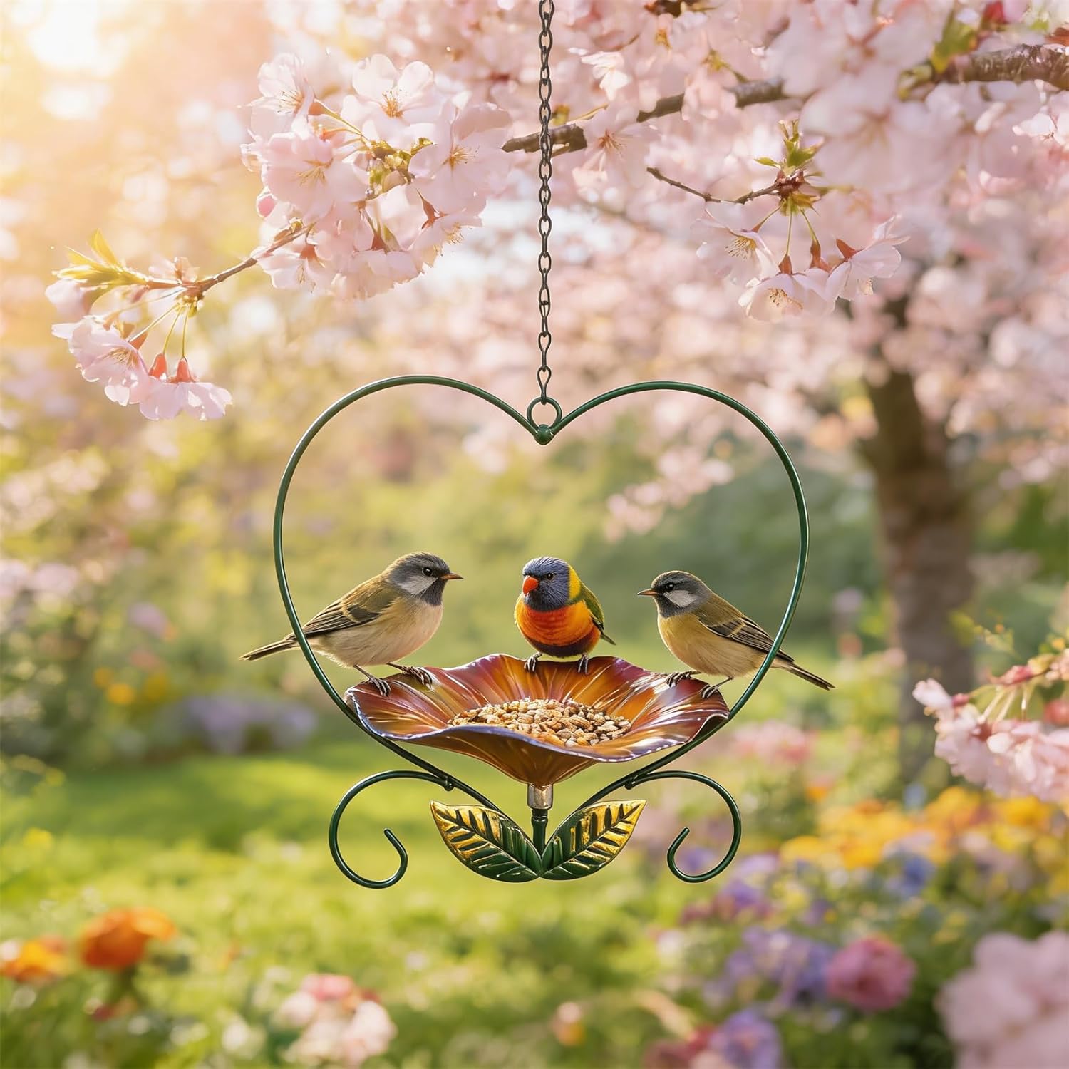Heart-Shaped Wrought Iron Flower Bird Feeder, Signals Heart Shaped Bird Feeder Stake, Platforms Birds Feeders for Outside, Iron Flower-Shaped Hanging Birds Feeders Tray (RED+Purple)