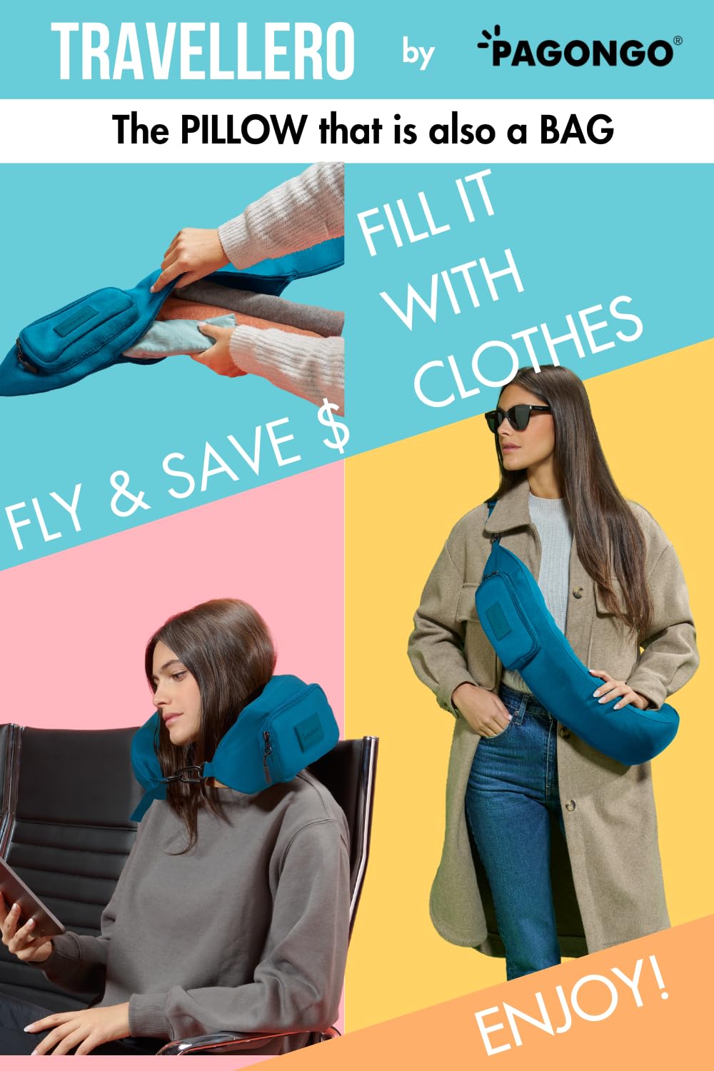 TRAVELLERO Cuscino da Viaggio Riempibile con Vestiti | Borsa Cuscino da Viaggio | Cuscino Viaggio, Viaggio Accessori Utili, Cuscino Aereo Viaggio, Accessori Viaggio Aereo, Taglia L, Blu Ottanio