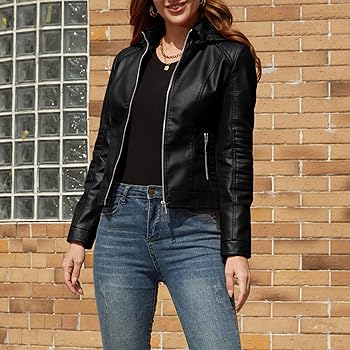 ジャケット・アウター ROUND SHORT SYNTHETIC LEATHER JACKET Jhichic Women's Faux Leather Textured Short Moto Jacket Zip