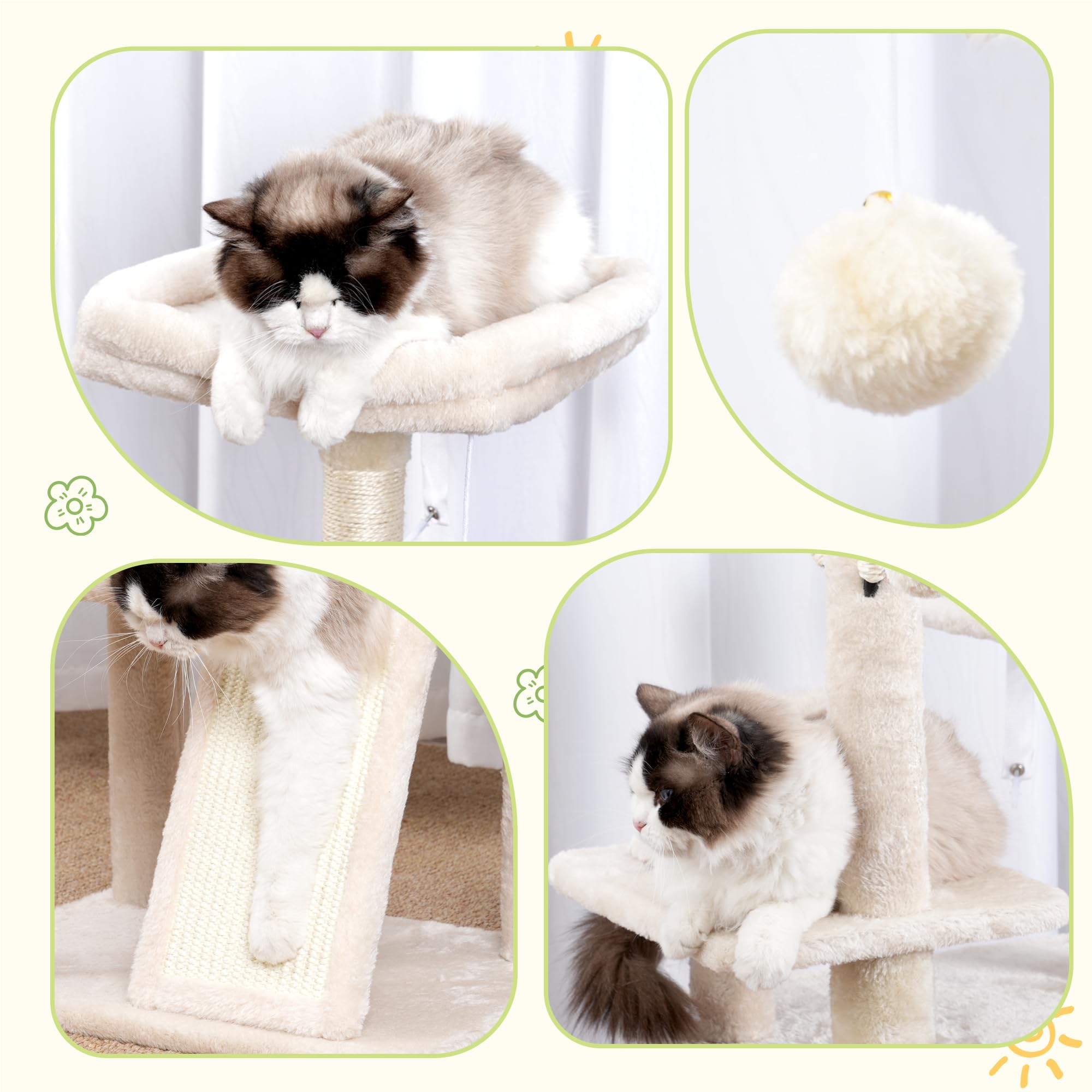Hey-brother Rascador para Gatos, con Juguetes Extraíbles,Cueva, MPJ008SM | 100cm Árbol Rascador Para Gatos, con Cesta, Plataforma,Rampa Rascadora, para Gatitos de Interior, Beige