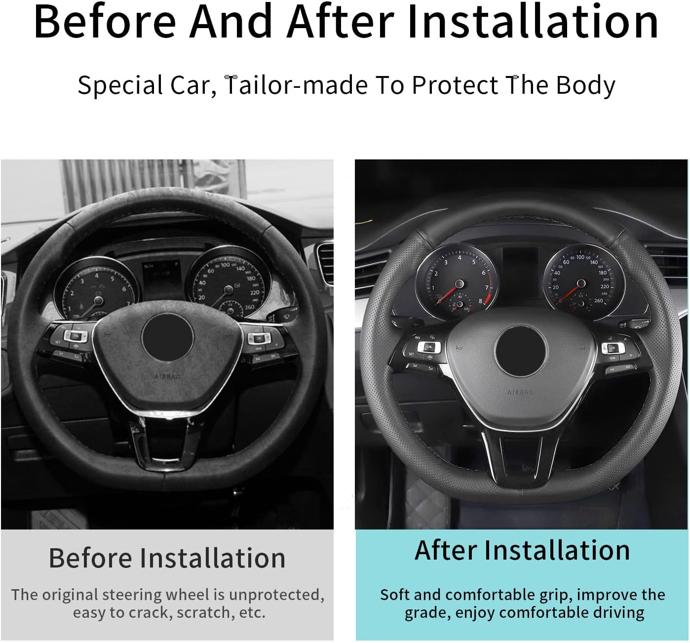Hand Sewn Steering Wheel Cover,Replacement for Volkswagen Golf MK7/Passat B8/Tiguan/Touran/Polo/Teramont/Atlas/Jetta MK6,Non-Slip Breathable Microfiber Leather Steering Wheel Cover