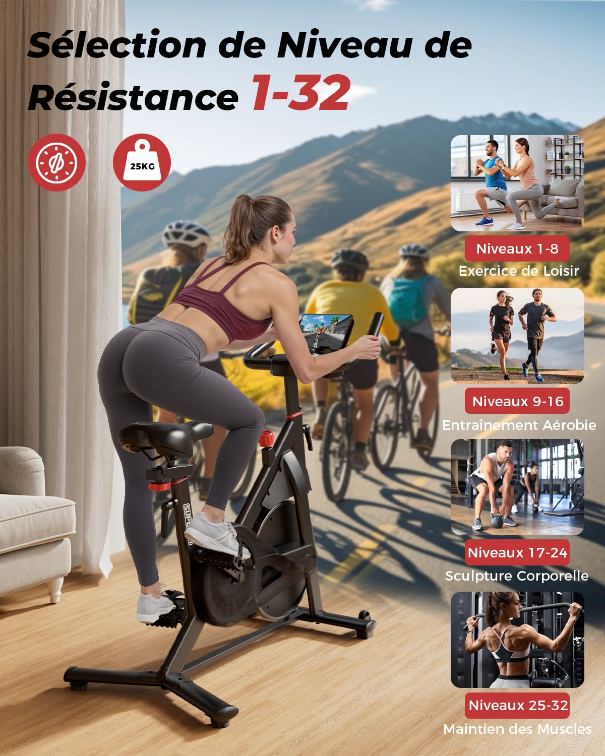 Superun Vélo d'Appartement 32 Niveaux Résistance Magnétique Connecté APP Charge Max 136KG