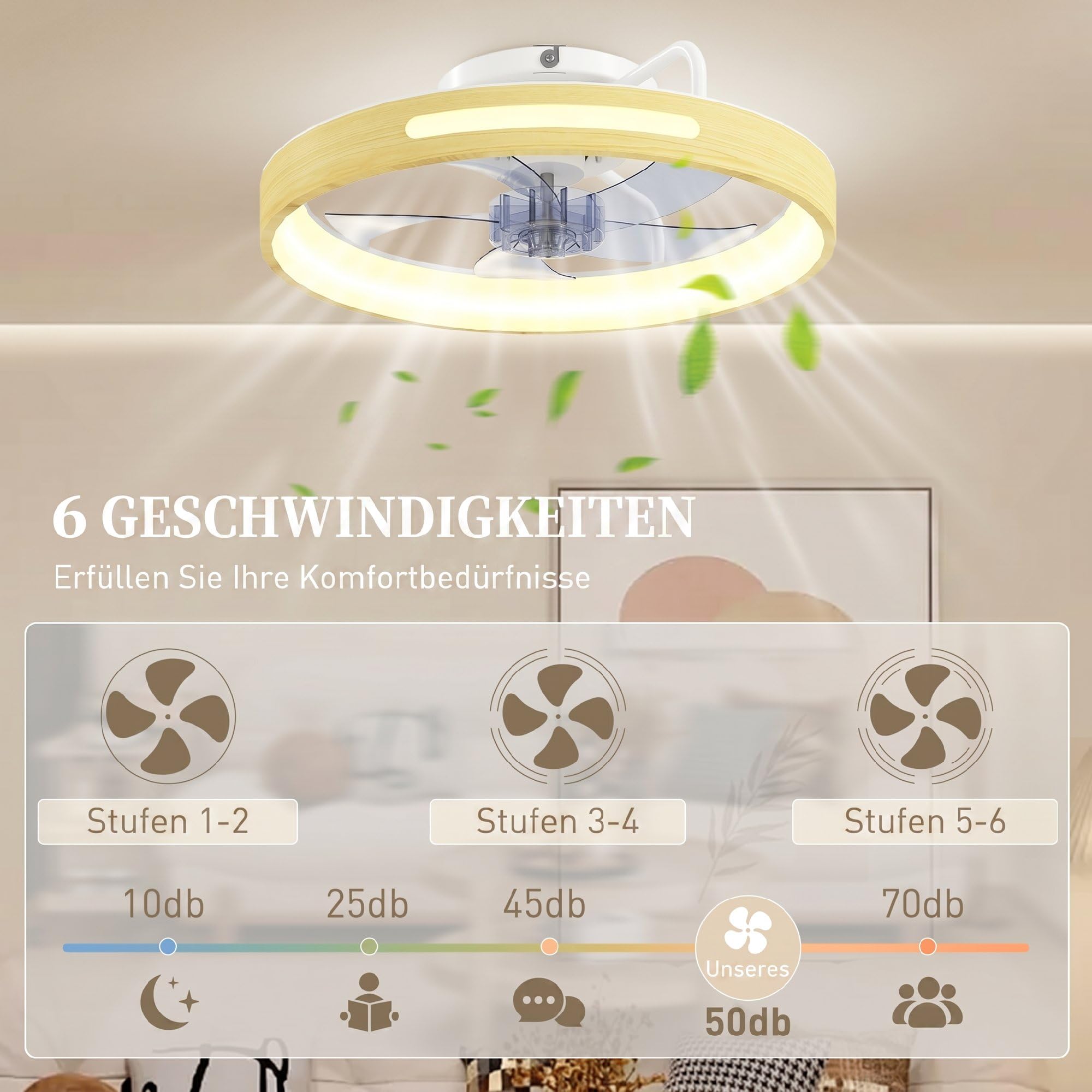 HOMCOM Deckenleuchte mit Ventilator, Ø49 cm Leise LED Deckenventilator mit Beleuchtung, Fernbedienung, 6 Geschwindigkeiten, 3 Farbtemperaturen, umkehrbarem DC-Motor, Timer für Wohnzimmer, Schlafzimmer