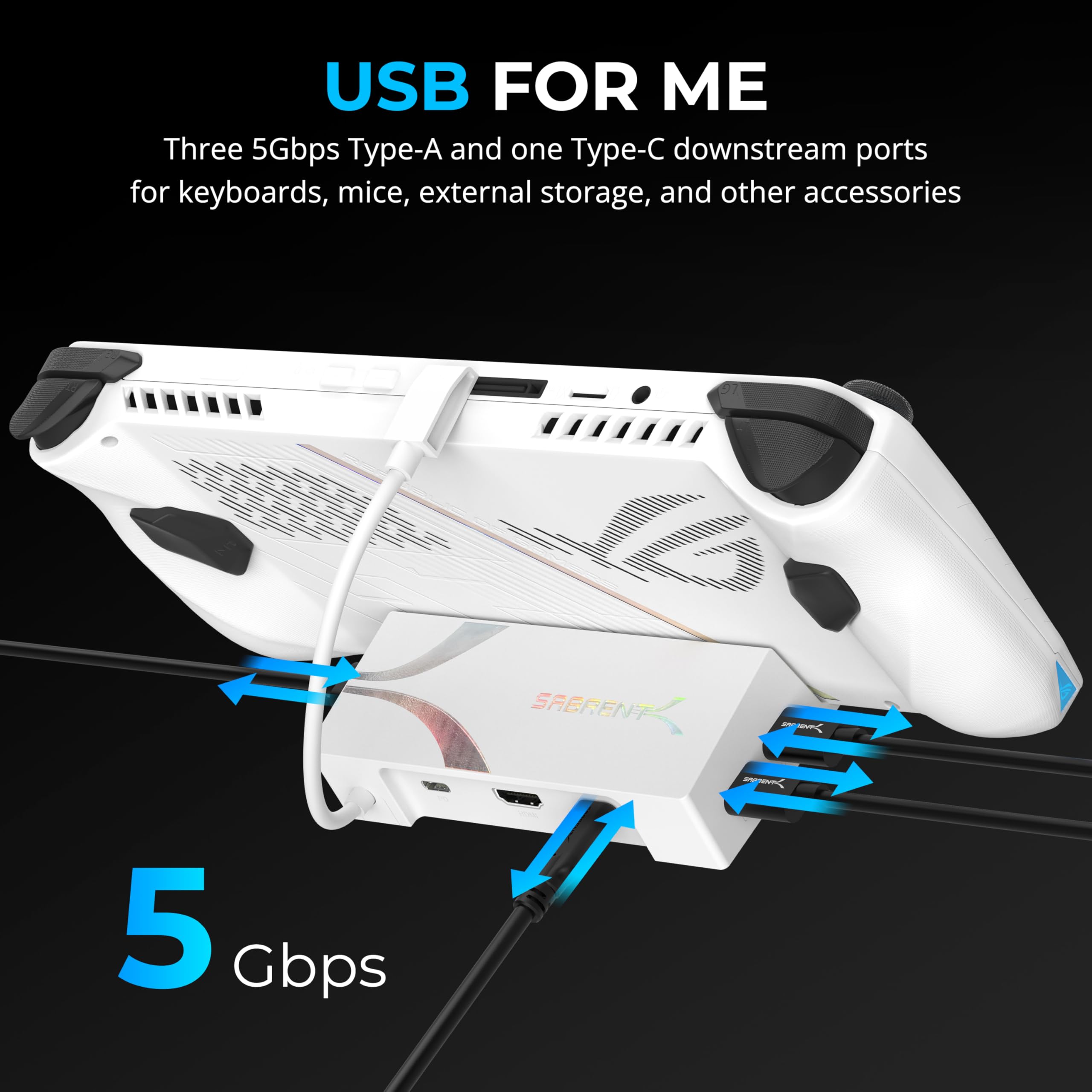SABRENT Stacja dokująca do Asus ROG Ally, 6-portowy USB typu C, 4K przy 60 Hz HDMI, porty USB 5 Gb/s, zasilanie, kompaktowa konstrukcja do gier (DS-RA6P)