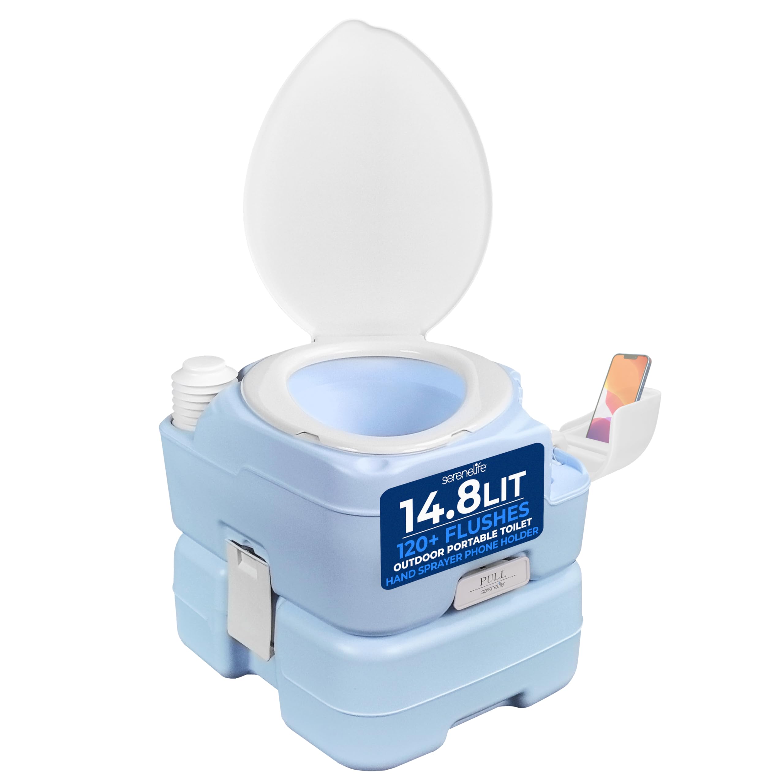 SereneLife 15L Portable Camping Toilet, 120 Flushes, Leak-Proof, Made from Durable PE Material, Detachable Waste Tank with Hand Sprayer and Phone Holder, Ideal for On-The-Go Recreational Activities