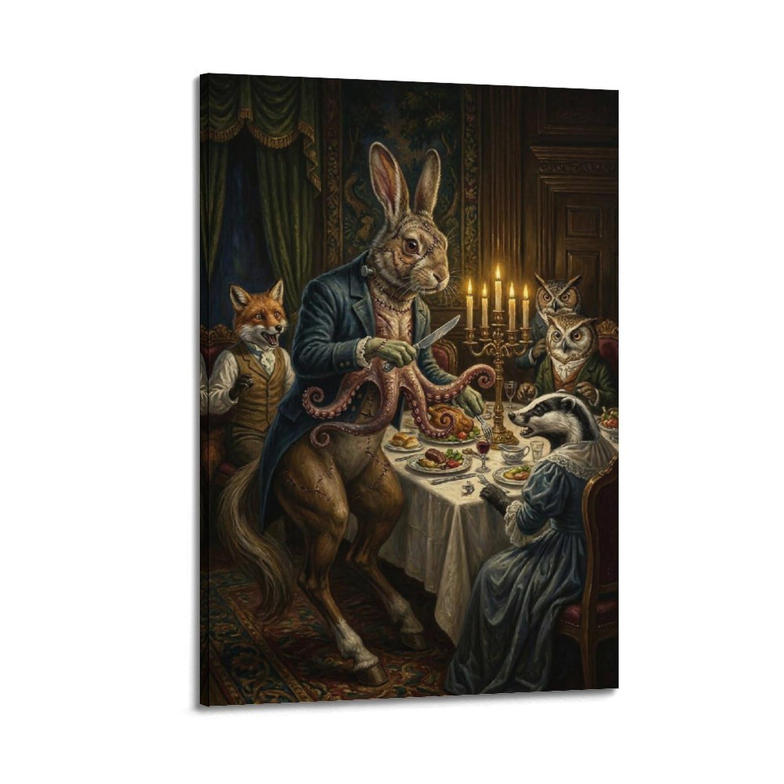XKUGA Surreal Vintage Animal Poster Rabbit Octopus Banquet Fable Modern Decorative Canvas Prints - Ideal Wall Art for Family, Man Cave, Game Room, Boys & Girls Bedroom 20x30inch(50x75cm)