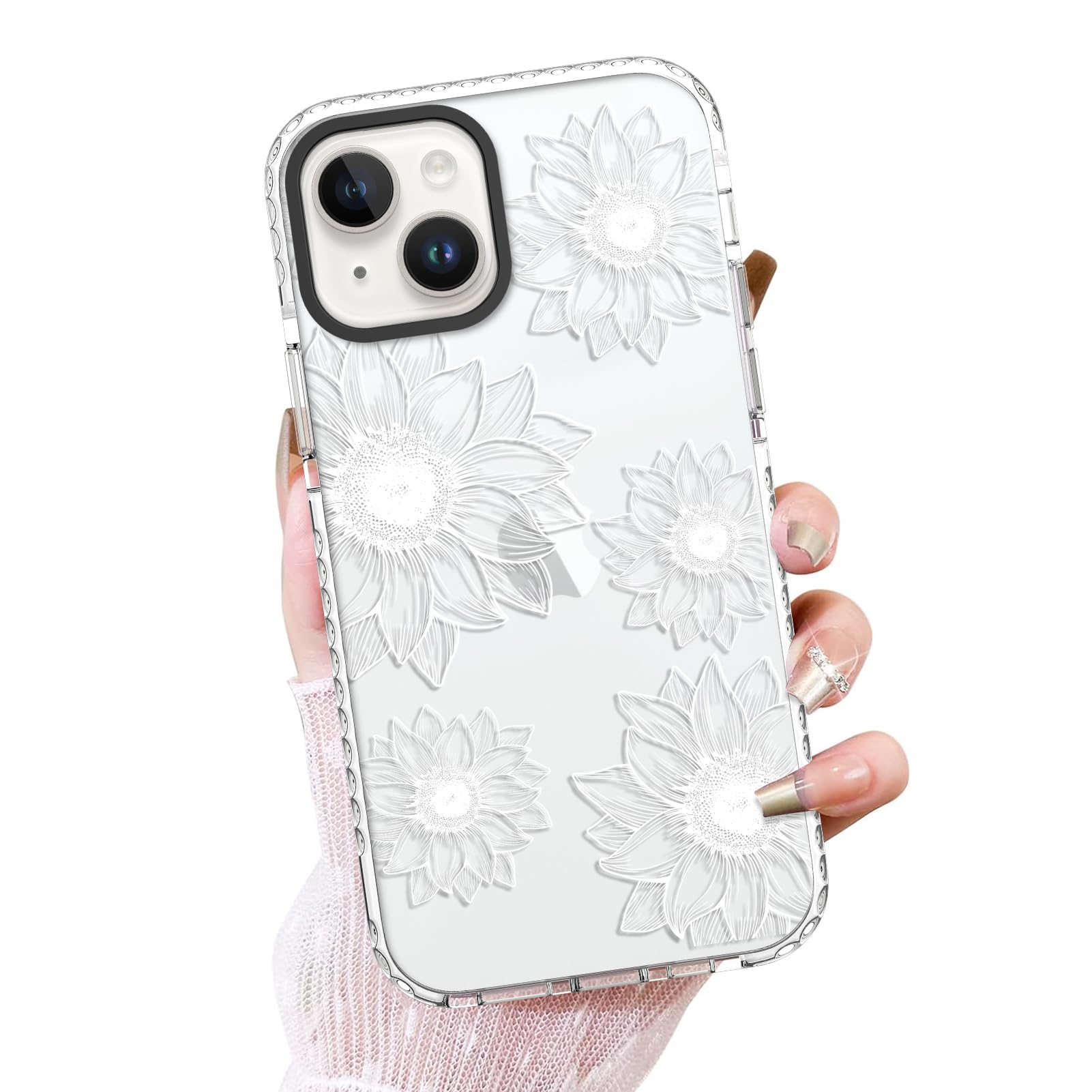 OOK Clear case for iPhone 13, Cute Sunflower Floral Blooms Design Soft TPU Shockproof Protective for Women Girls Slim Phone Cover - White Flower