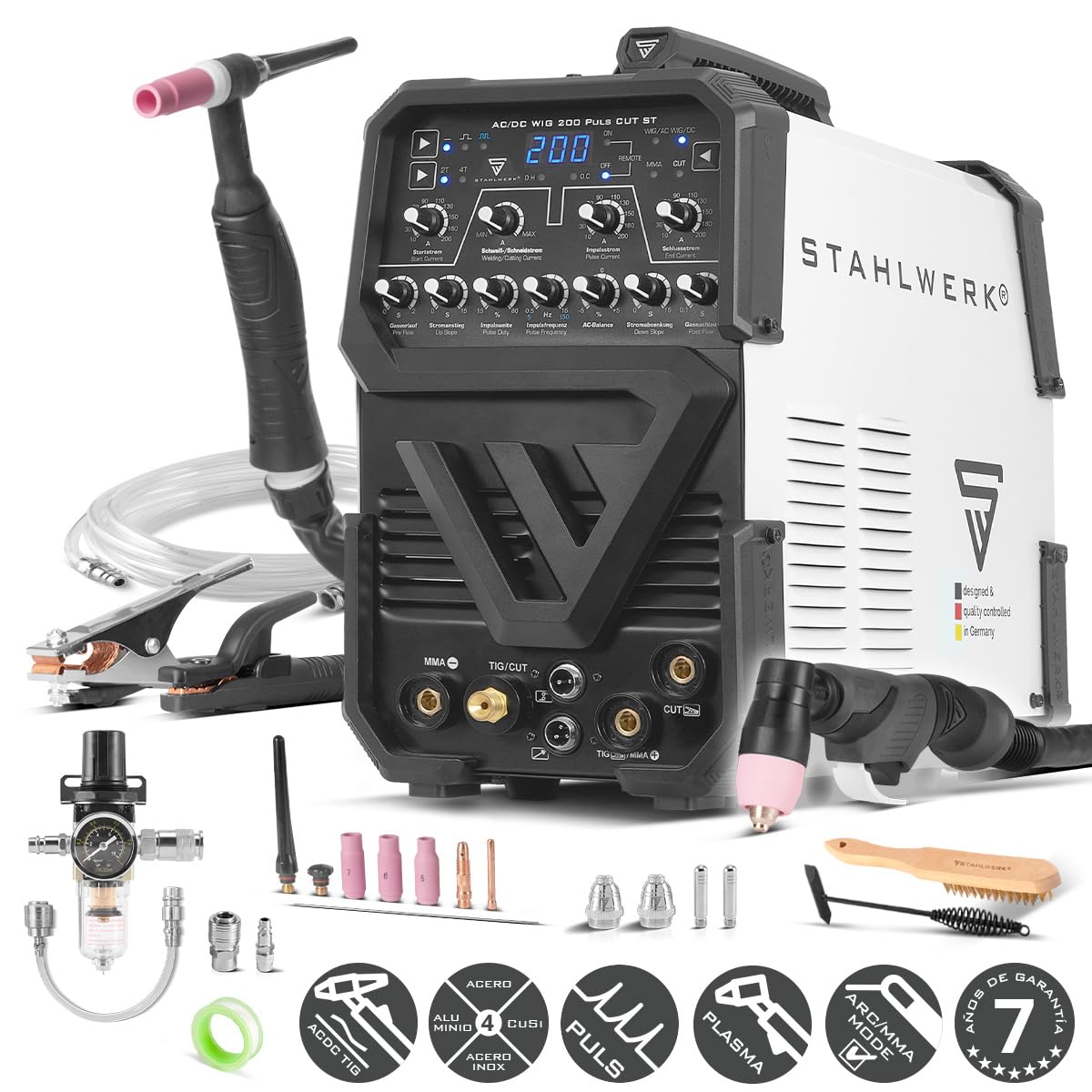 STAHLWERK Soldadora Mini FLUX 120 ST Digital – Equipo completo con carro – Máquina de soldar con hilo hueco (FLUX) sin gas hasta 120 A, avance de hilo sinérgico, LED, función Lift-TIG & MMA/Electrodo