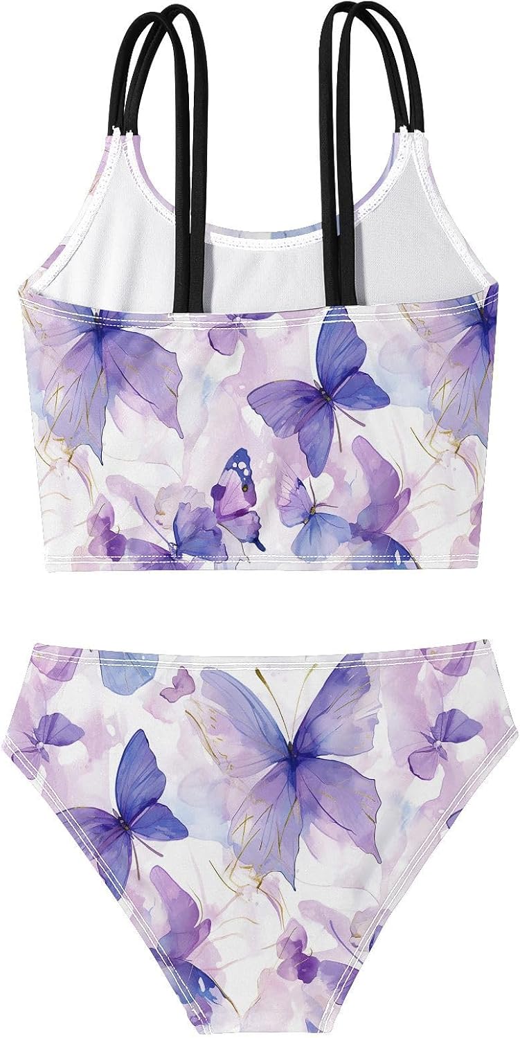 visesunny Girls Two Piece Swimsuits Purple Watercolor Butterfly Girl's Bikini Sets Bathing Suits for Girls Size 5-12Y