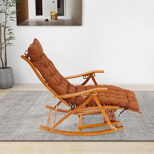 Miniatura 6 de Mecedora plegable de bambú, silla reclinable de patio con respaldo ajustable con almohada para reposacabezas, silla de playa al aire libre para