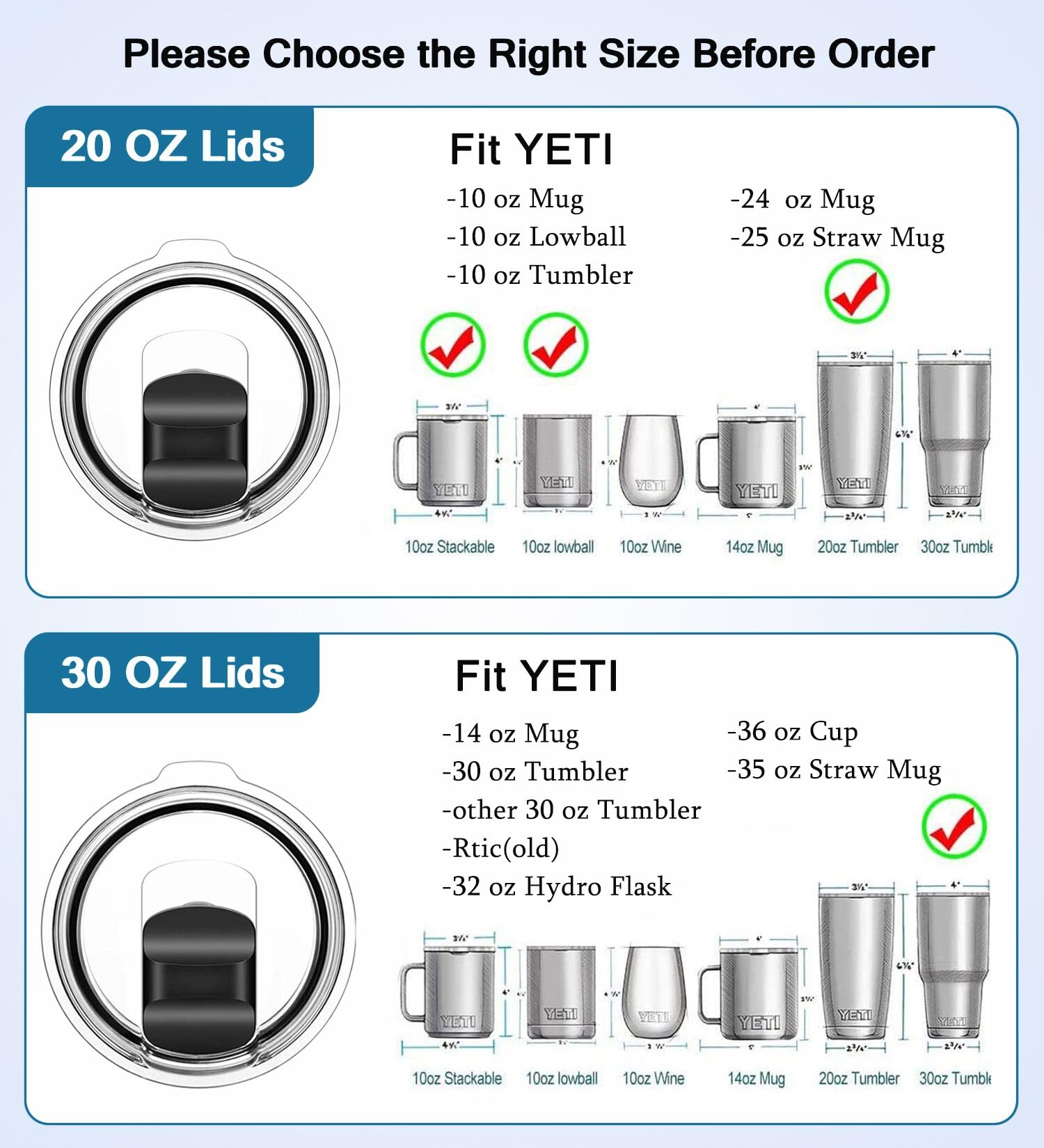 Tumbler Lid for Yeti 20 oz Tumbler, 10/24 oz Mug and 10 oz Lowball, 2 Pack Travel Spill Proof Cup Lids Covers with Magnetic Slider Switch