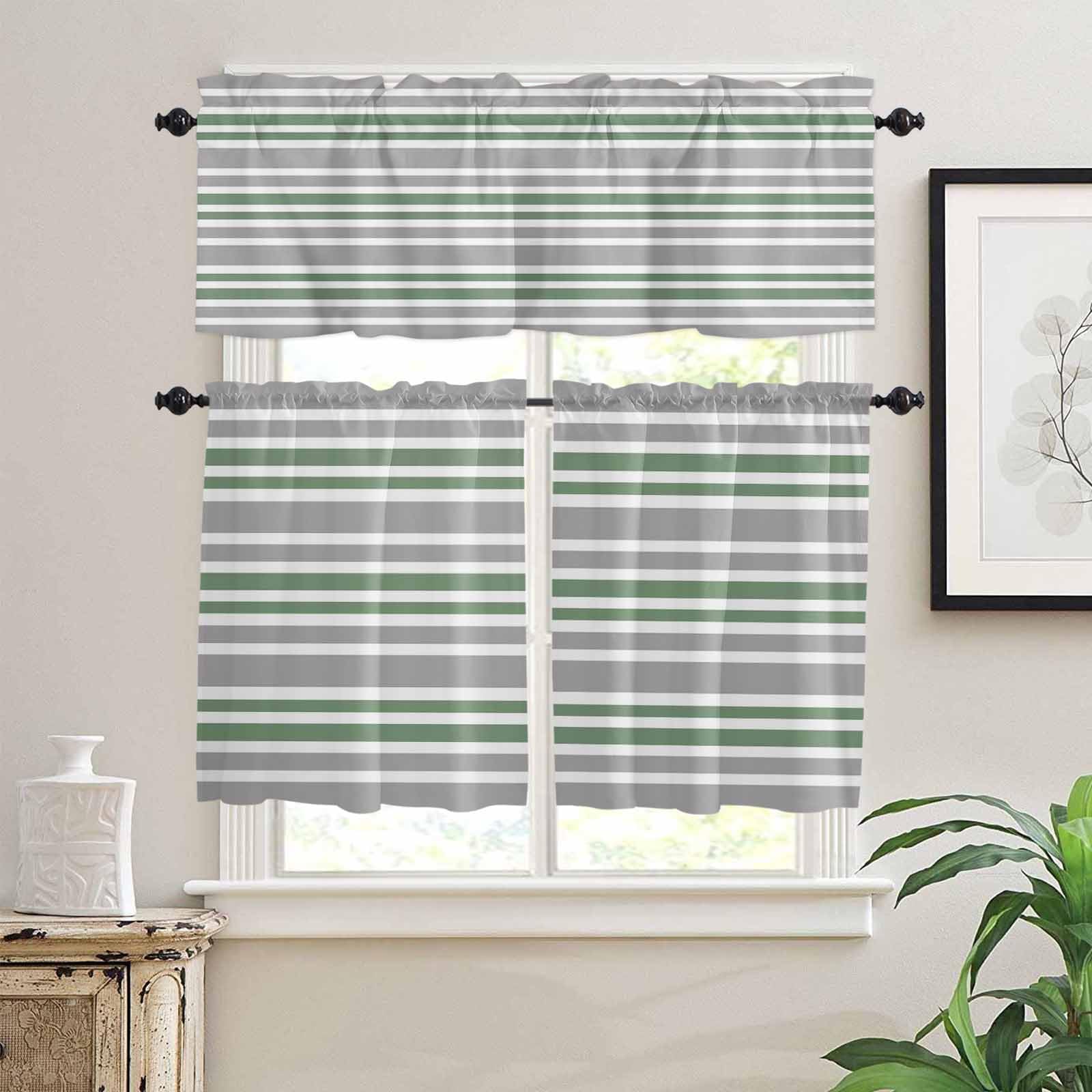 Sage Green Grey Striped Kitchen Curtains 36 Inch Length,3 Piece Rod Pocket Small Half Tiers and Valance Set,Horizontal Lines Simple Minimalist Small Large Window Treatment Decor for Bedroom/Bathroom