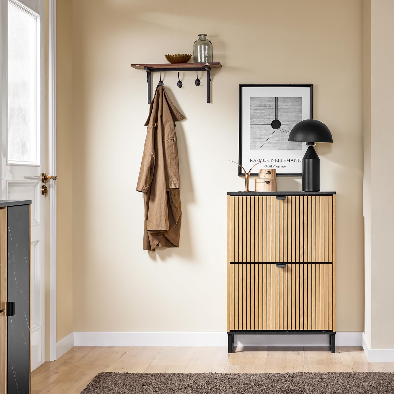 SoBuy Schuhschrank schmal schuhkipper – platzsparendes Schuhregal mit Klappen für Flur & Kommode – modernes Design, für 8-12 Paar Schuhe, bis 30 kg, schwarz/hellholz – FSR202-N