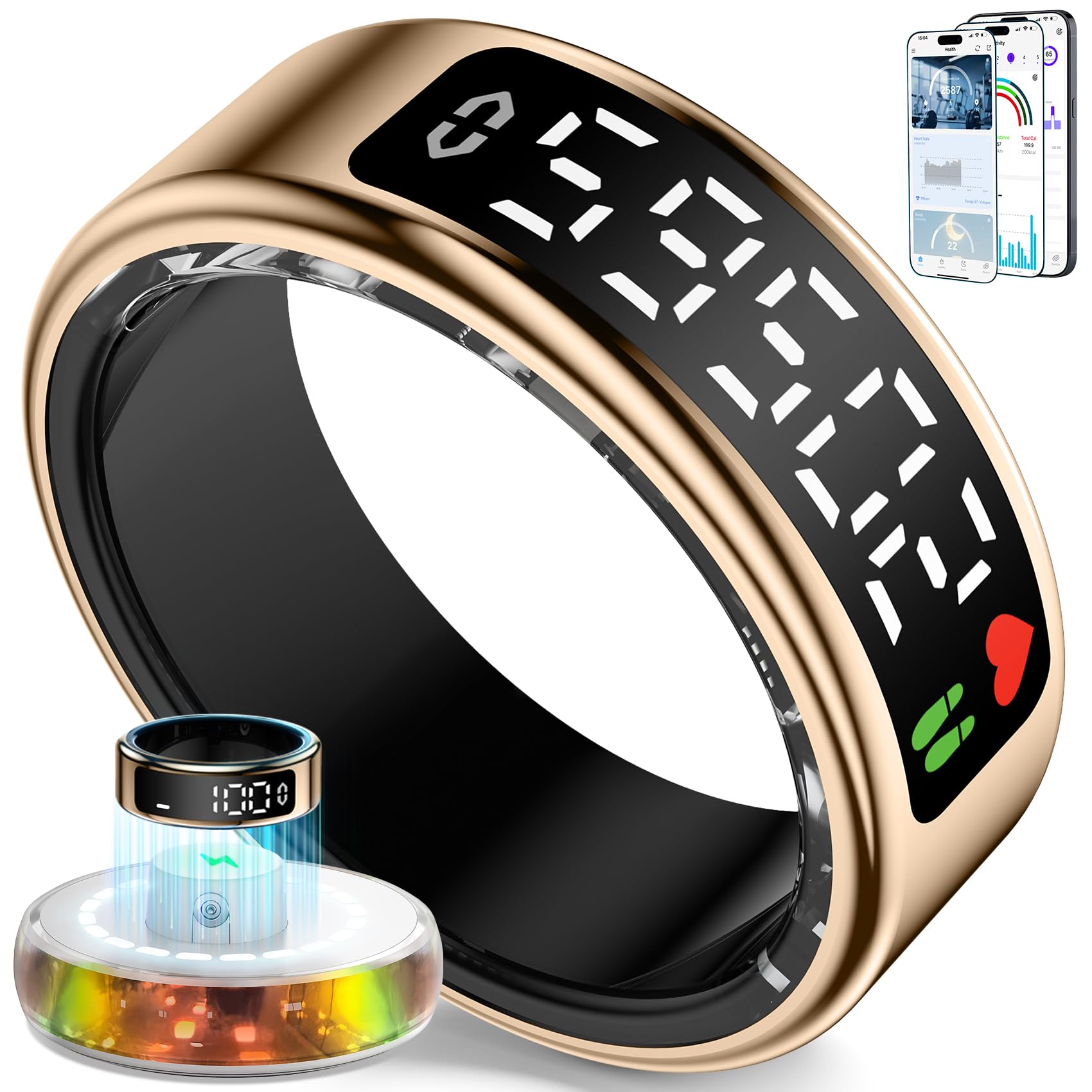 Gulemfy Smart Ring für Herren Damen, 2026 Upgrade Smartringe mit LED Anzeige, Fitness Ring IP68 Wasserdicht, Gesundheitsring mit Herzfrequenz/SpO2/Schlaftracker für Android und iOS