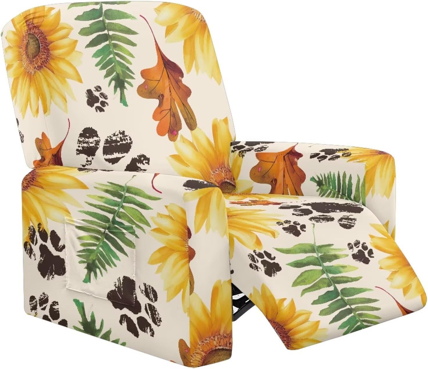 FOR U DESIGNS Sunflower Leaf Paw 4-Piece Stretch Slipcovers for Recliners Sofa Protector with Storage Pockets Elastic Edges Non Slip Washable Cover for Reclining