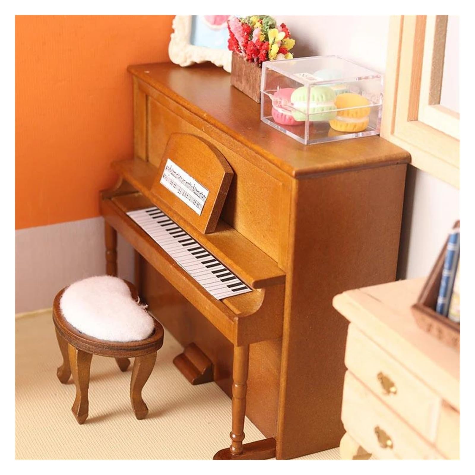 VANZACK Piano miniature pour maison de poupée avec tabouret, 9,6 x 9,5 x 8,6 cm, petit instrument de musique, décoration pour maison de poupée et micro paysage créatif
