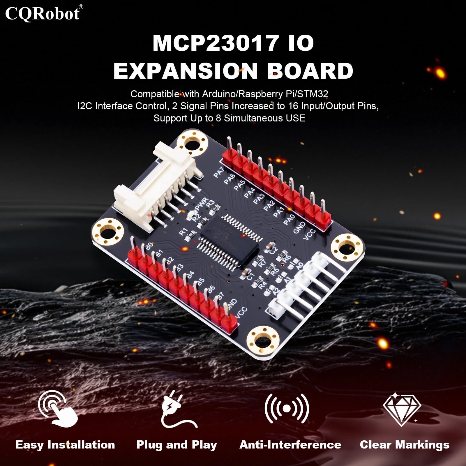 CQRobot MCP23017 IO Expansion Board Compatible with Raspberry Pi/Micro:bit/Arduino/STM32. I2C Interface Control, 2 Signal Pins Increase to 16 Input/Output Pins, Supports UP to 8 Simultaneous Uses.