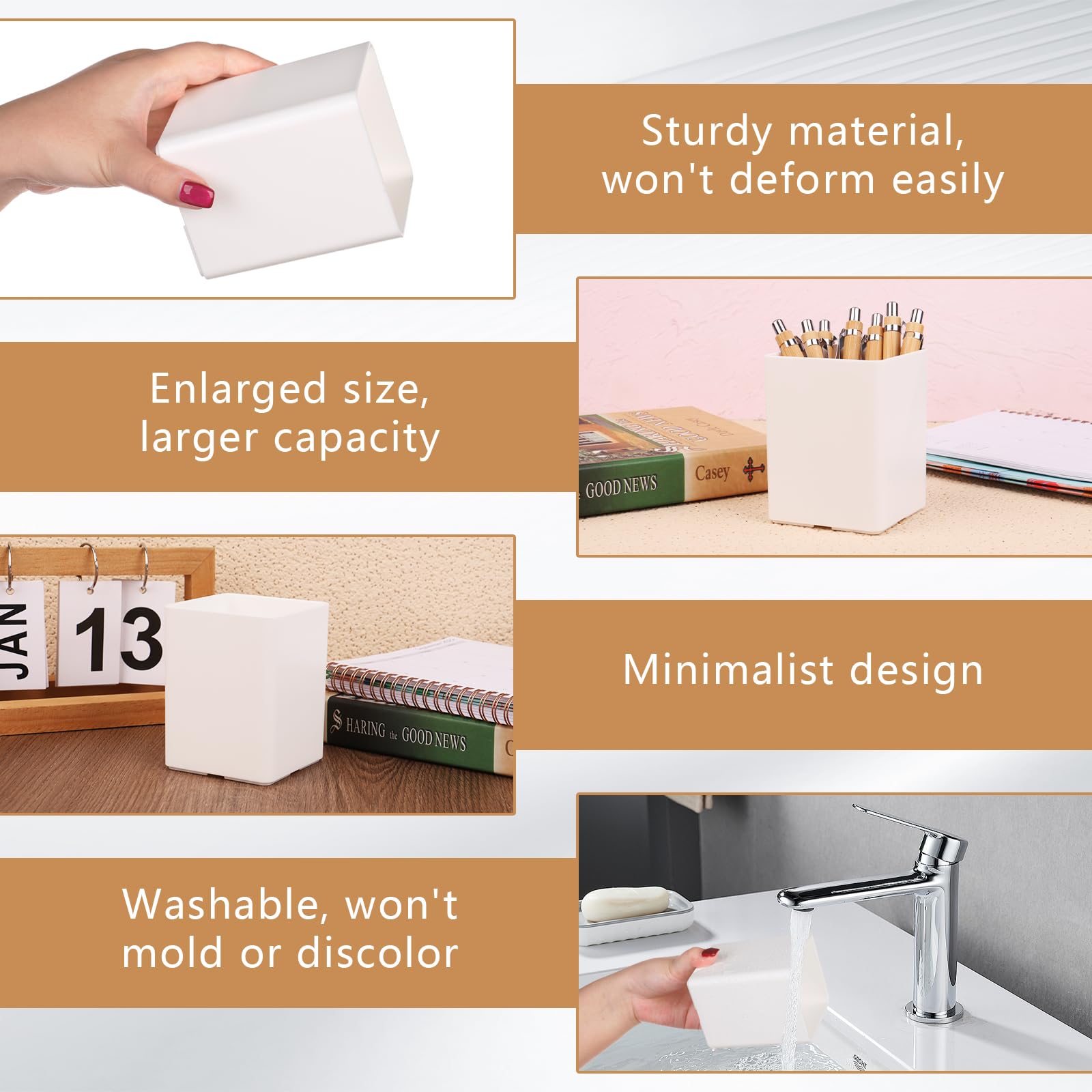 HAOWANWW 4 Pcs Pen Holder for Desk Pencil Holder White Pen Pot Square Plastic Pencil Organizer Pen Cup Makeup Brush Storage Organizer Waterproof Multifunctional for School Home Office Supplies - Image 3