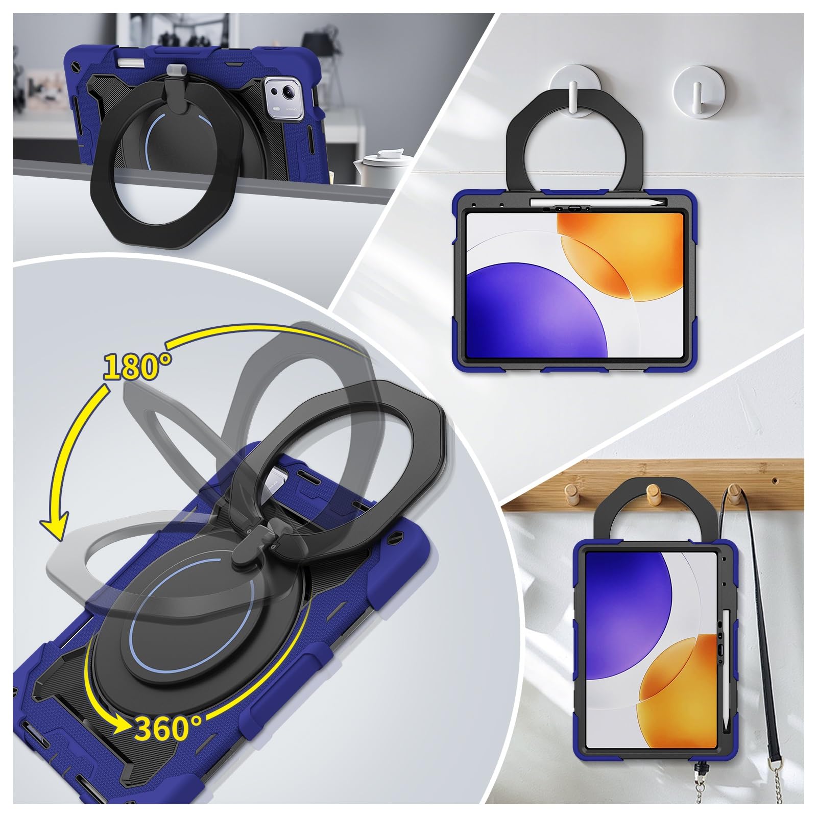 Wytrzymały futerał ochronny do Xiaomi Pad 7S Pro 12,5 cala, podstawka obrotowa 360°, pasek na ramię, uchwyt ołówek i pierścień uchwytu, odporna wstrząsy obudowa dla dzieci dorosłych(Dark Blue)