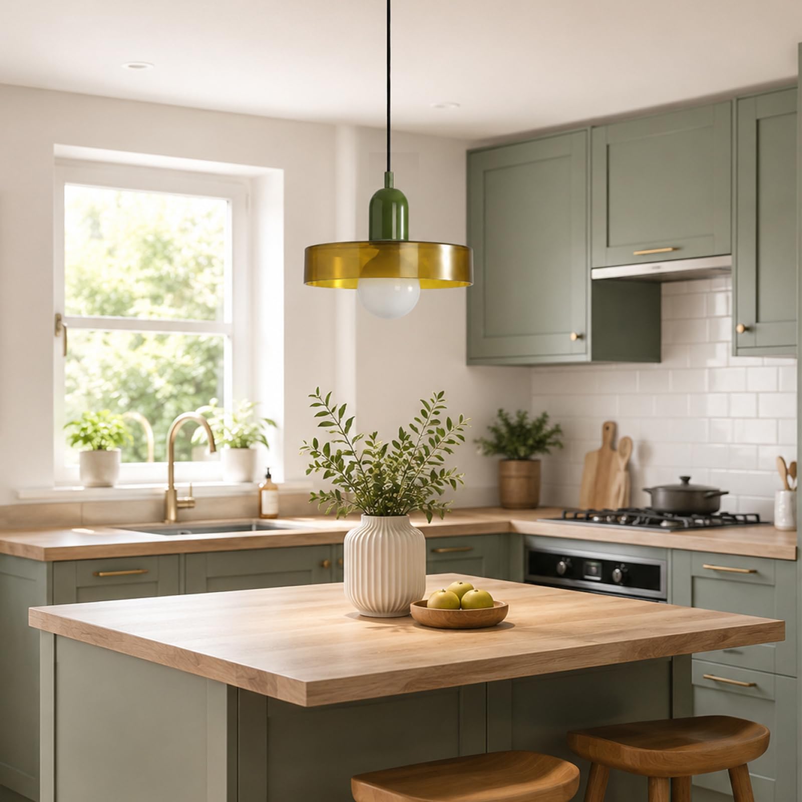 25cm Lampada a Sospensione Moderna in Vetro Rotondo, Base E27, Regolabile in Altezza, Lampadario Sospeso da Soffitto per Cucina, Sala da pranzo, Camera da letto (Verde)