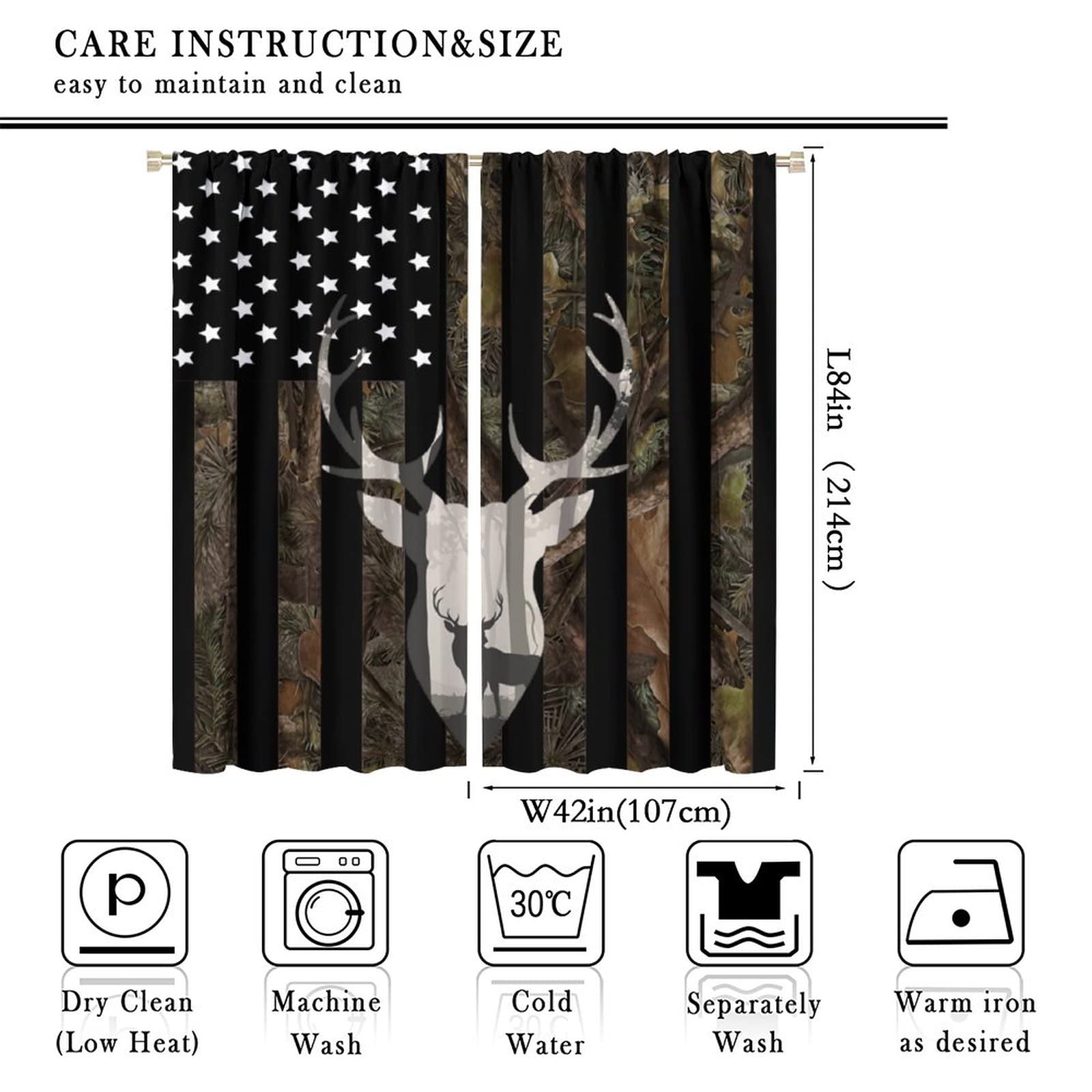 JanJCurt Flag Blackout Curtains,Camo Forest Black White Stars Stripes USA Flag Window Drapes,Deer Silhouette Hunting Animal Vintage Farmhouse Curtains for Kids Boys Girls Bedroom 84x84in
