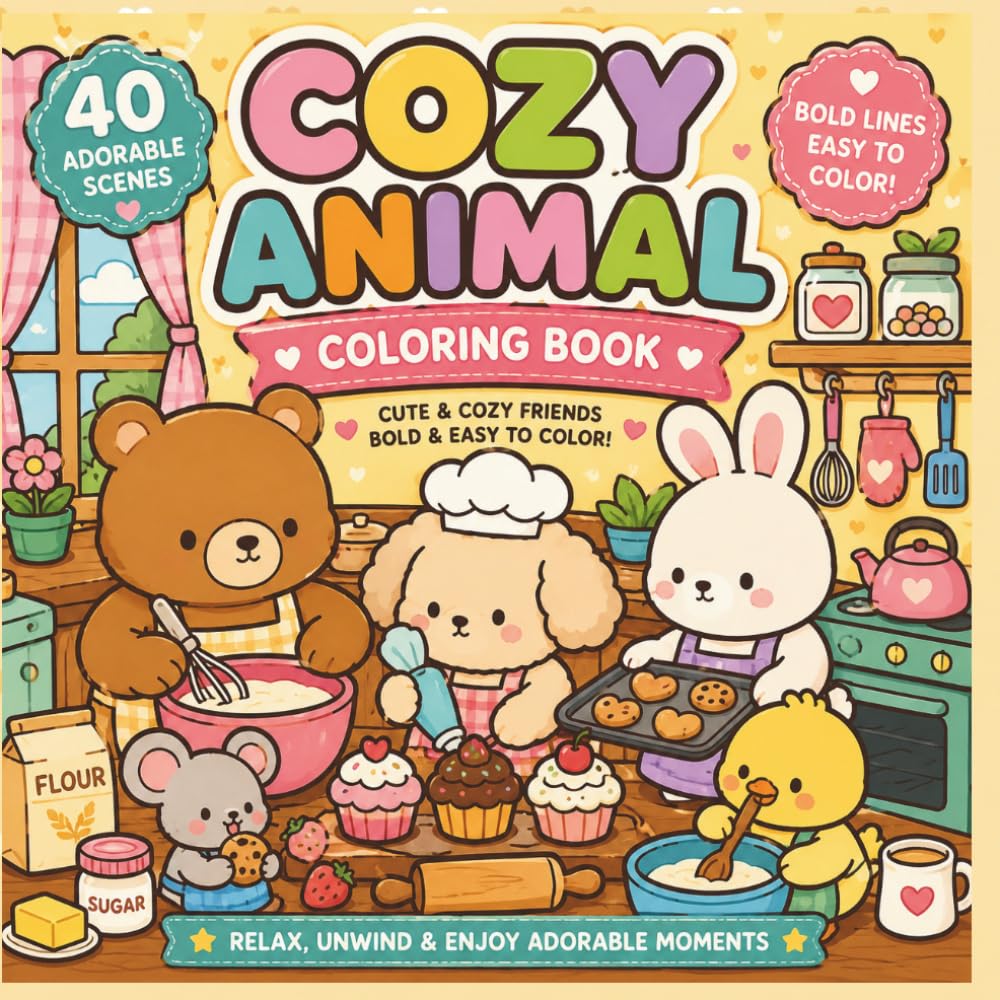 Cozy Animal Coloring Book: 40 Bold and Easy Designs Featuring Cute Animal Friends in Cozy Everyday Scenes for Relaxing Coloring Fun (Cozy Friends Collection)
