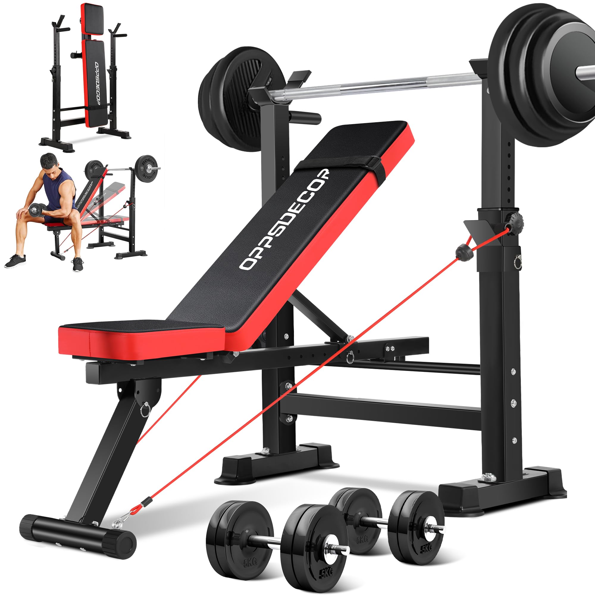 OPPSDECOR Weight Bench Set, Fast Folding Workout Bench with Squat Rack Leg Extension & Leg Curl, Adjustable Back/Seat/Barbell Rack for Bench Press Strength Training, Flat Incline Decline Gym Bench