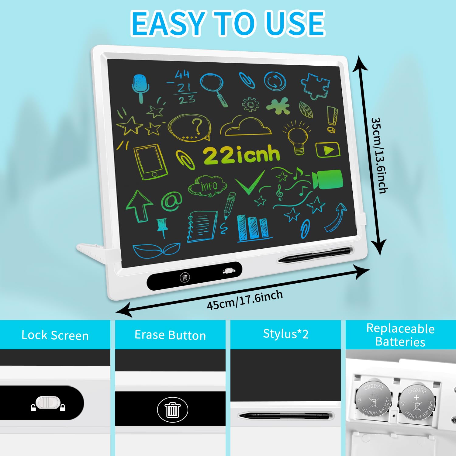 LCD Writing Tablet for Kids, 22 Inch Writing Board for Kids with 2pens and Adjustable Bracket, Adult Teacher Home School Education Office Supplies, Educational Toys for 3-12 Years Boys and Girls — view 3