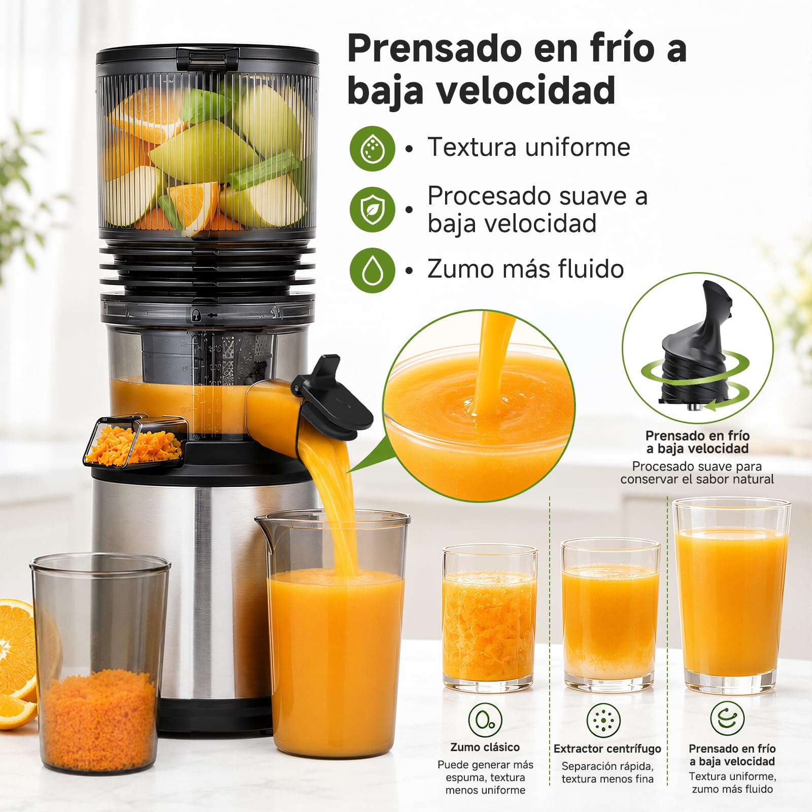 AMZCHEF Extractor de Zumos 158 mm Boca XXL, Licuadora de Prensado en Frío para Frutas y Verduras, Slow Juicer 2L con Vaso de Pulpa y Vaso de Zumo, Fácil Limpieza, Motor Silencioso, Acero Inoxidable