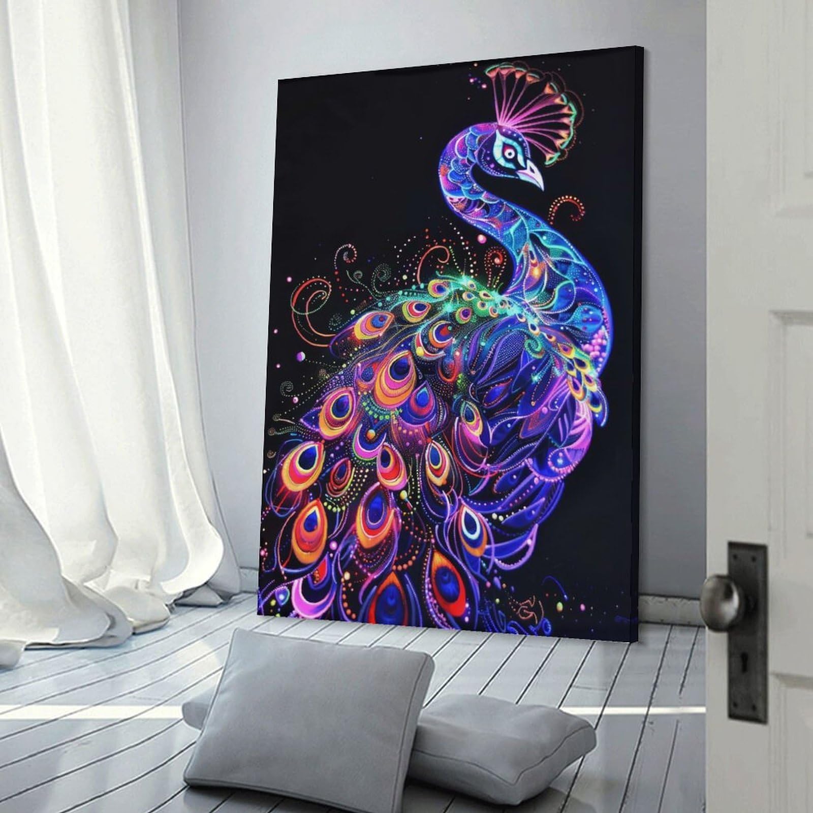 Junmoney Canvas Wall Art Neon Peacock Art, 12x18inch(30x45cm), for New Homes, Bedrooms Or Workspaces, Canvas Artwork with Gifting Potential