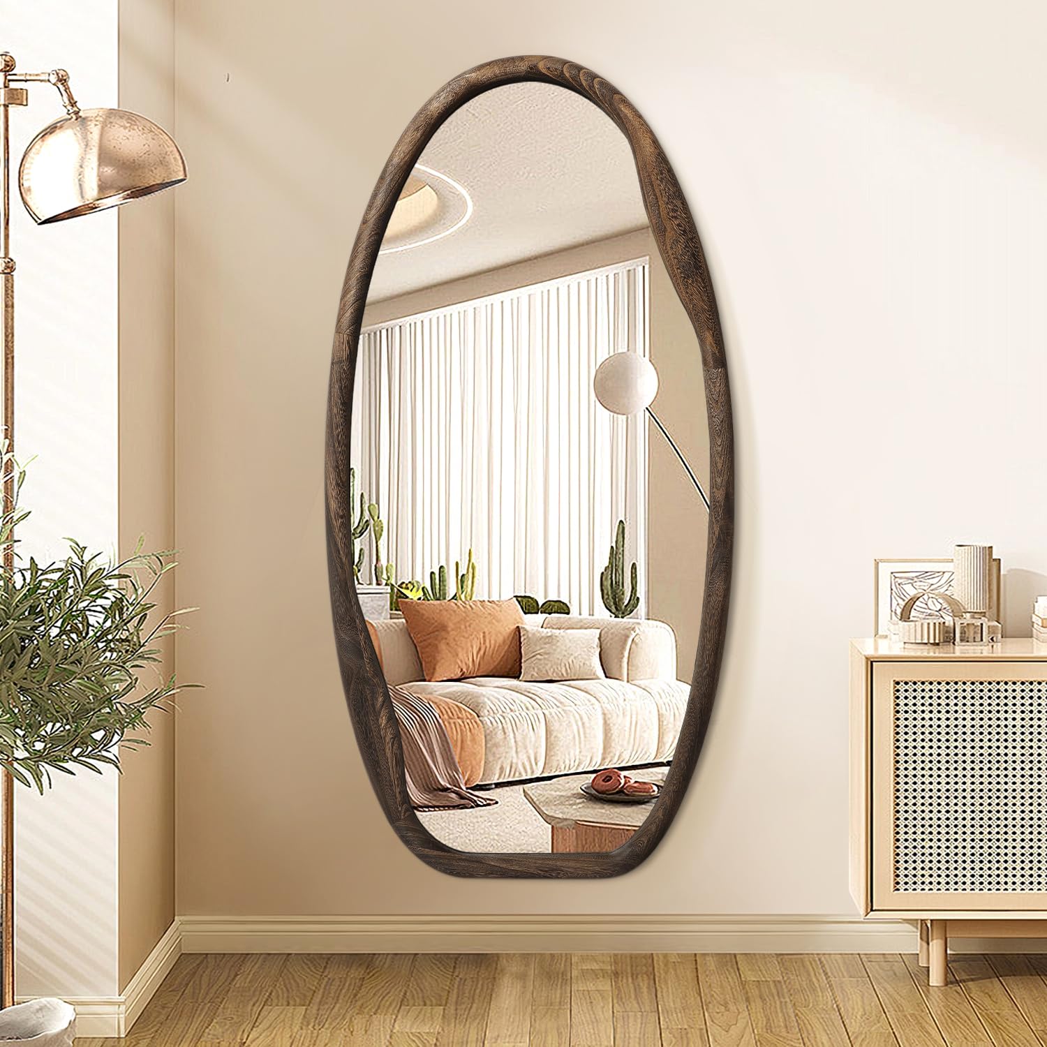 JJUUYOU Irregular Mirrors for Wall Asymmetrical Wall Mirror 100X50 CM Large Wood Framed Hanging Mirror for Living Room Bathroom Entryway Bedroom Horizontal or Vertical Dark Brown