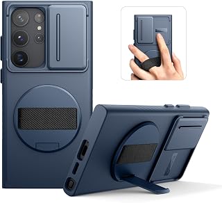 SURITCH for Samsung Galaxy S23 Ultra Case [No Magnet Ring][360° Rotatable Phone Grip][Invisible Kickstand][Slide Camera Cover] -Dark Blue