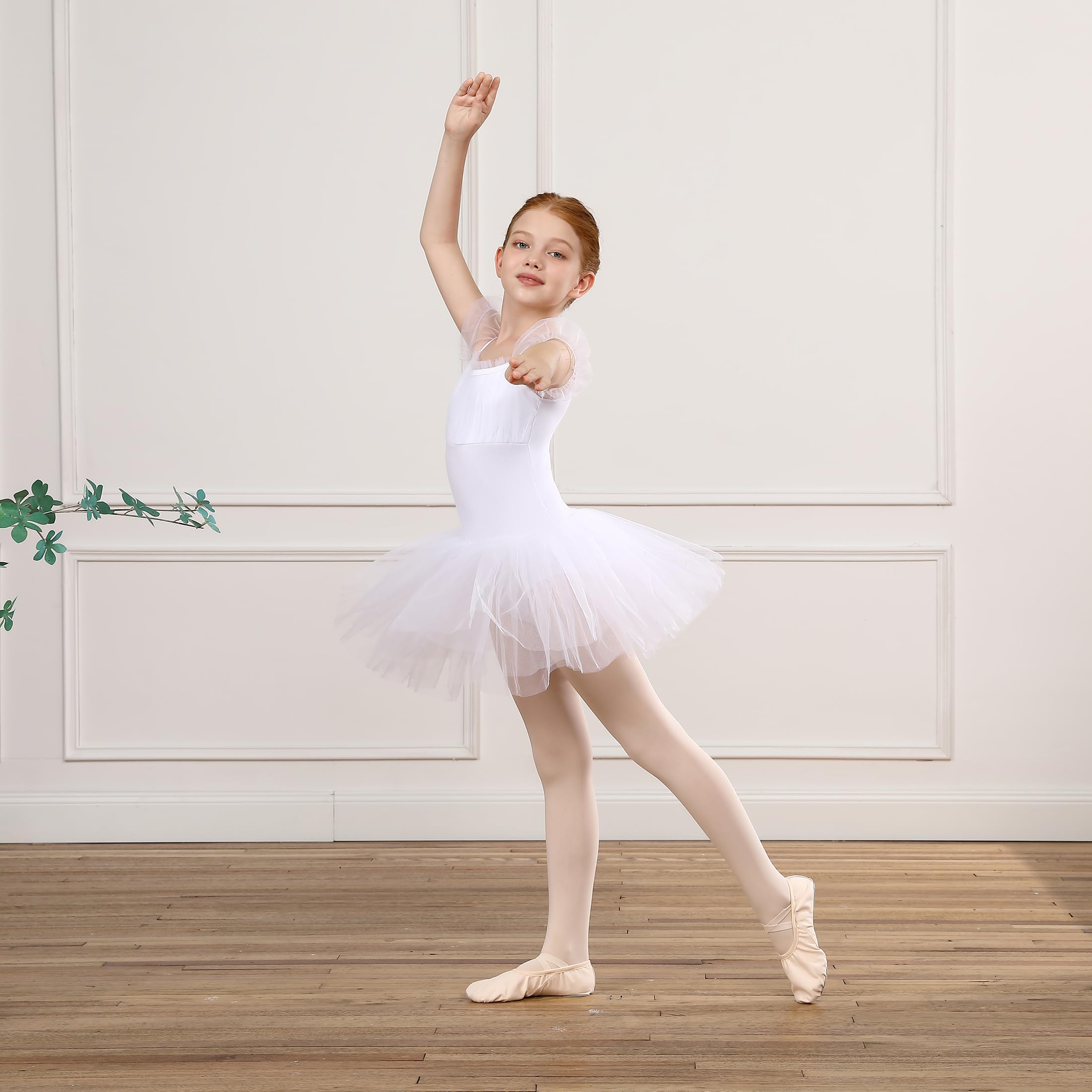 Tutu de Danse Classique pour Filles en Manches Ballon Tulle - Robe de Ballet Justaucorps
