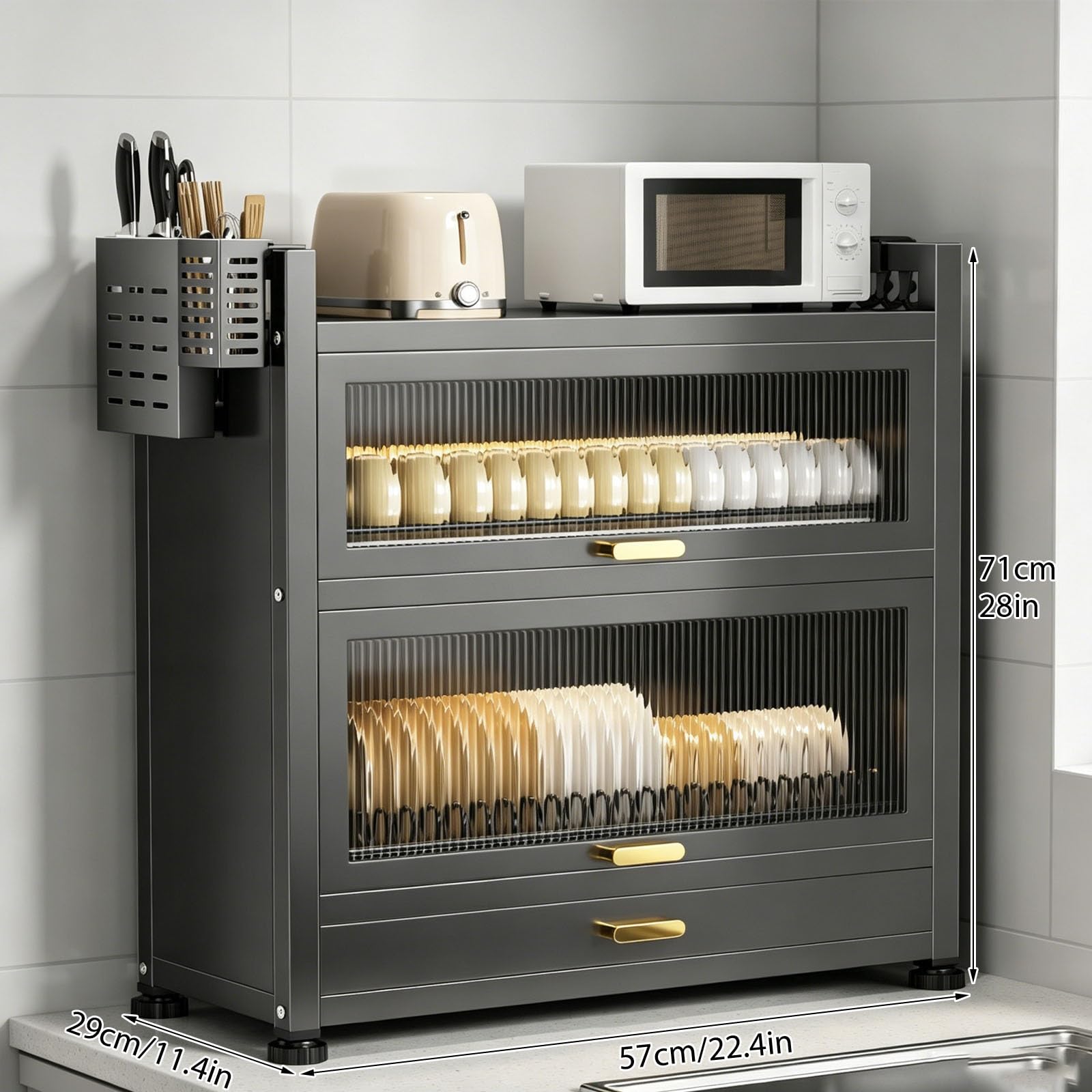 Organizador de fregadero de cocina con puerta abatible, organizadores de cocina multifuncionales y estante de almacenamiento, altura ajustable del estante, para platos, vasos, cuencos y cubiertos