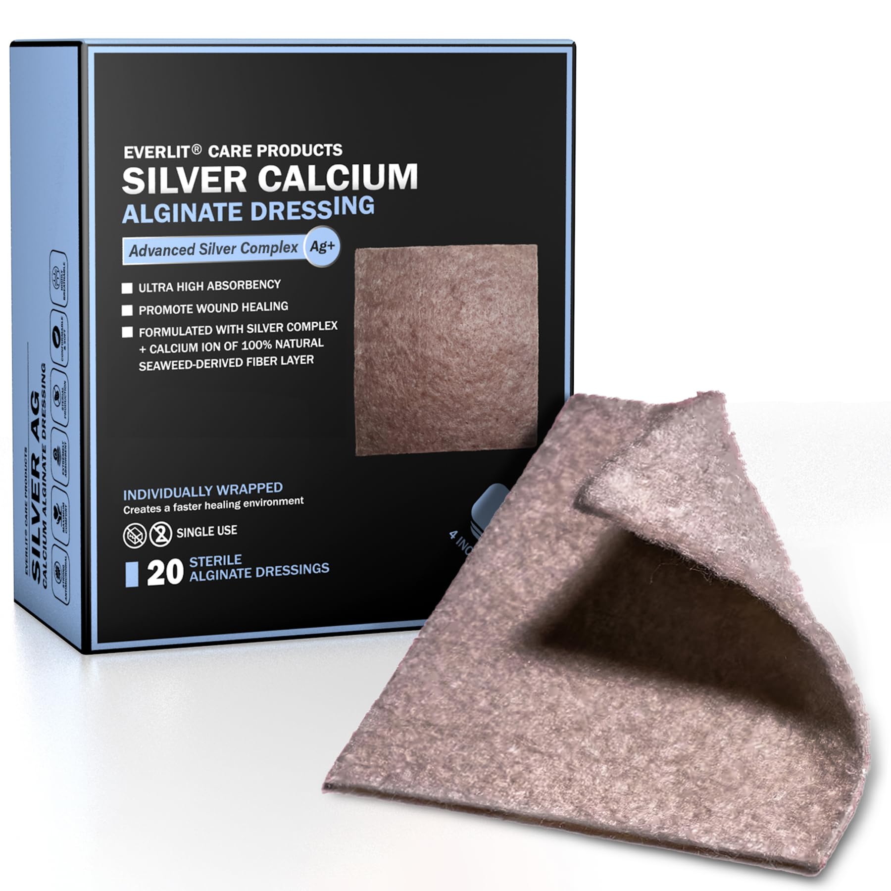 EVERLIT AG - Medicazione per ferite, in alginato di calcio, assorbente, antiaderente, sterile, delicata garza emostatica con fibra gel naturale per la cura delle ferite (10,2 x 10,2 cm, confezione da