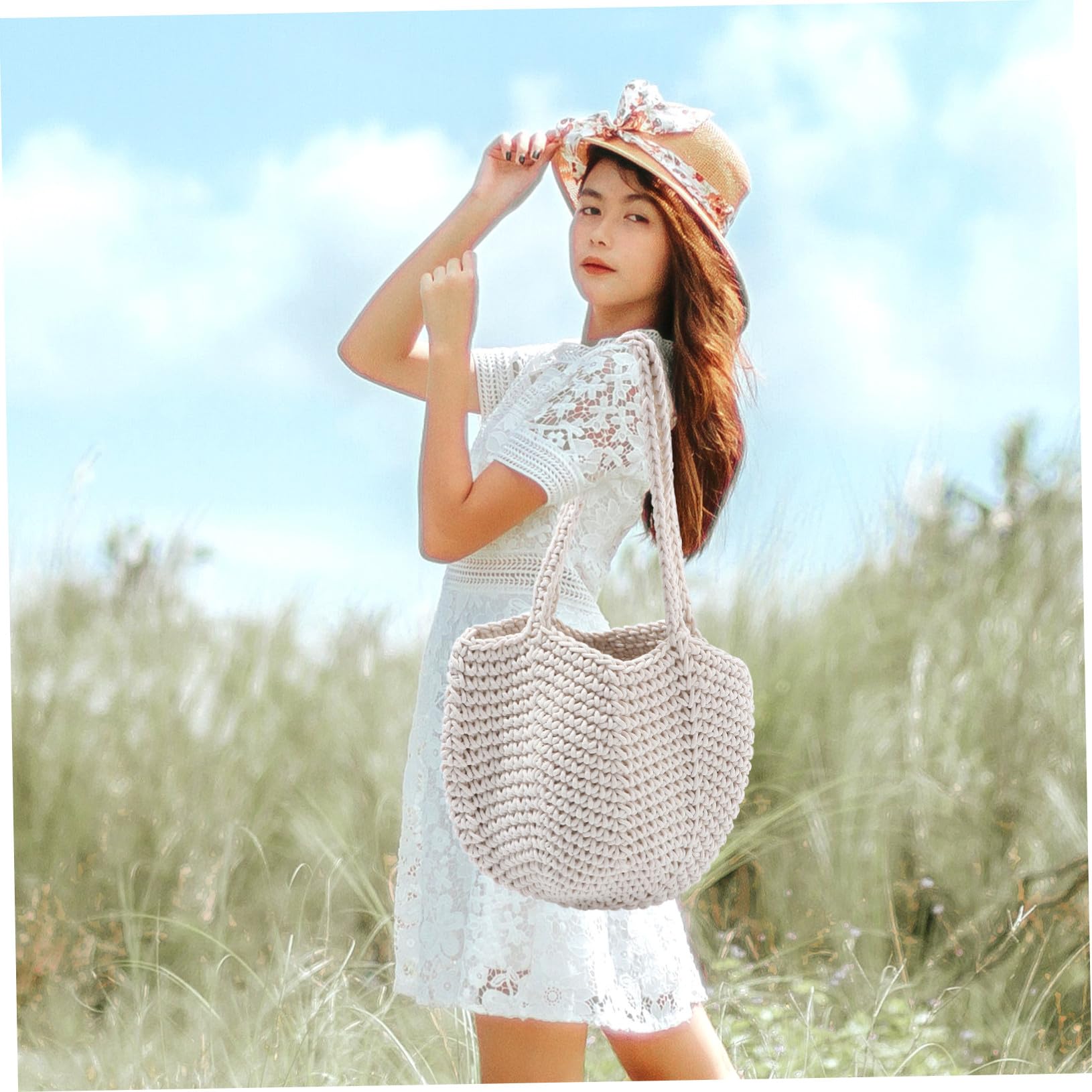ifundom Borsa Intrecciata da Donna in Corda di Cotone Bianco Grande Capacità e Resistente, Stile alla Moda per Spiaggia e Matrimoni