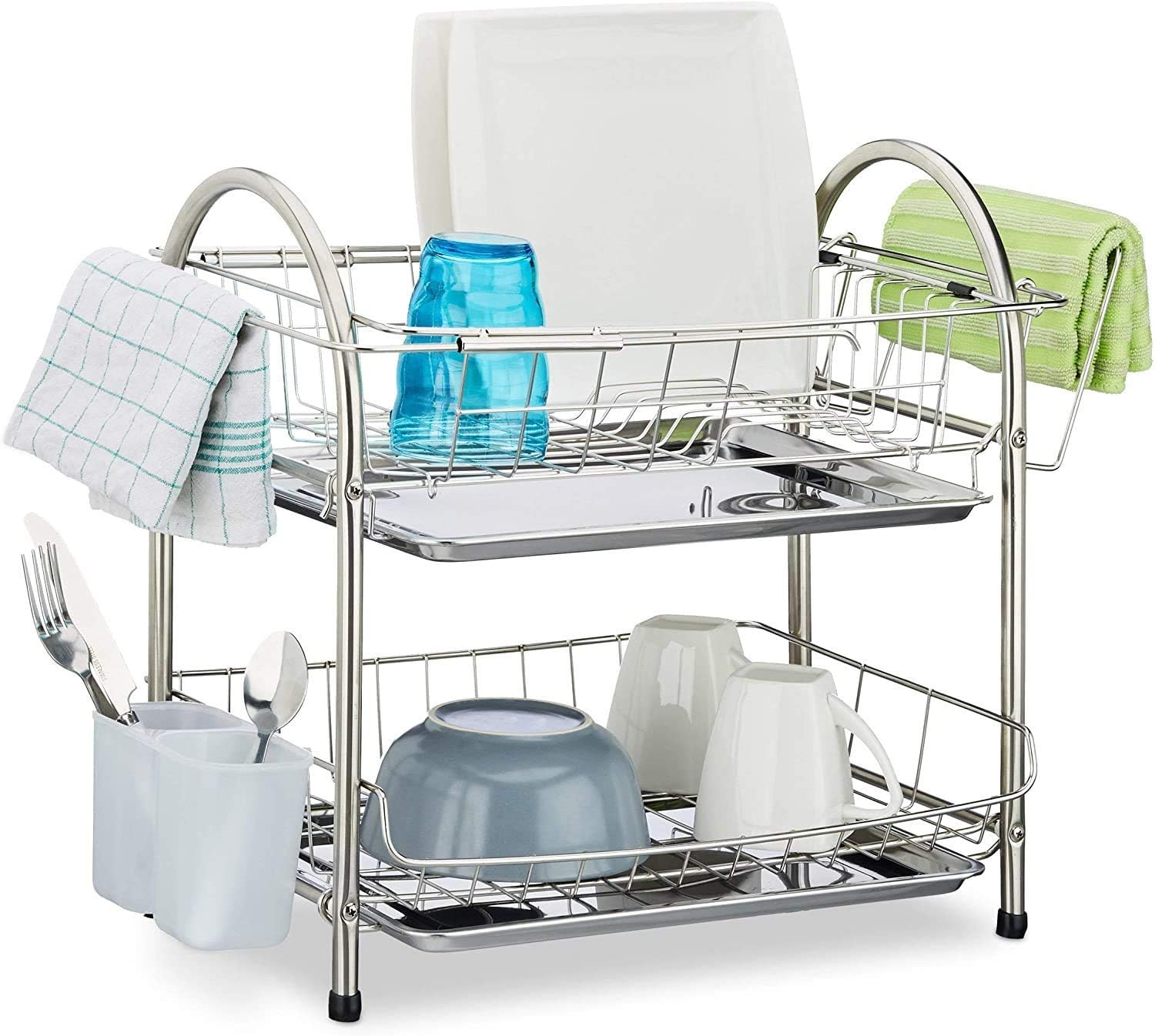 Dish Sink Drainer,Drainer with 2 Layers Cutlery Rack Dish Rack Drip Tray Stainless